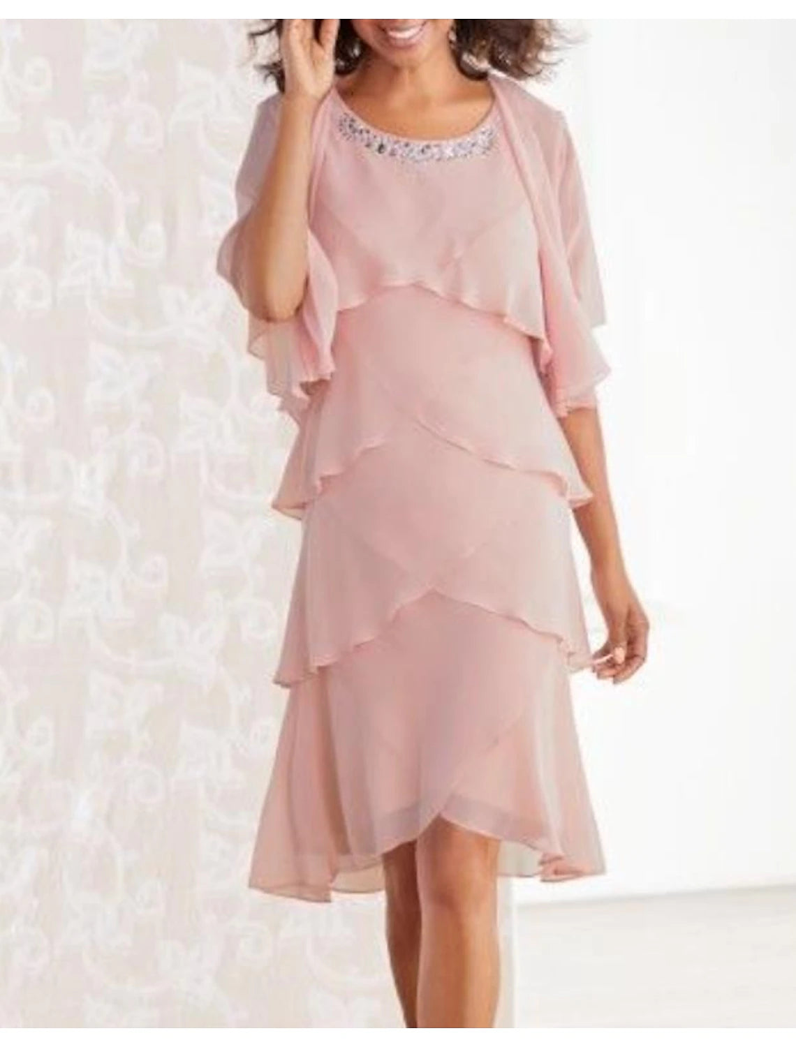 Two Piece Sheath / Column Mother of the Bride Dress Formal Fall Wedding Guest Elegant High Low Scoop Neck Asymmetrical Knee Length Chiffon Sleeveless Wrap Included with Tier