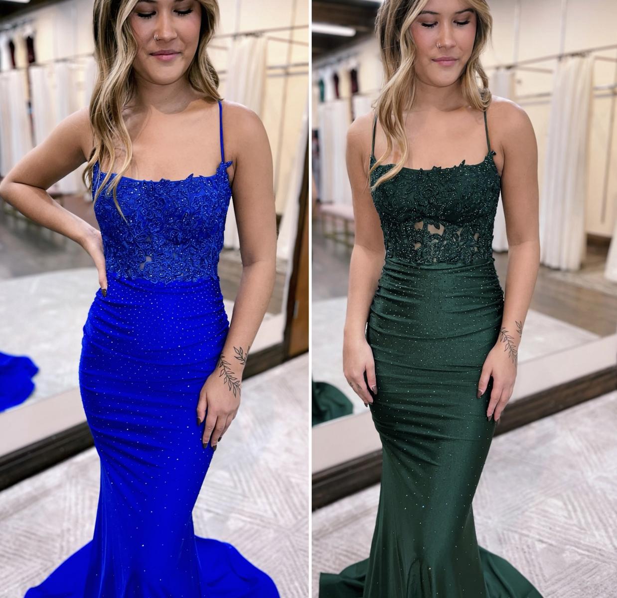 Prom dress beautifully fitted gown features iridescent crystals on a stretchy jersey with a beautiful sheen