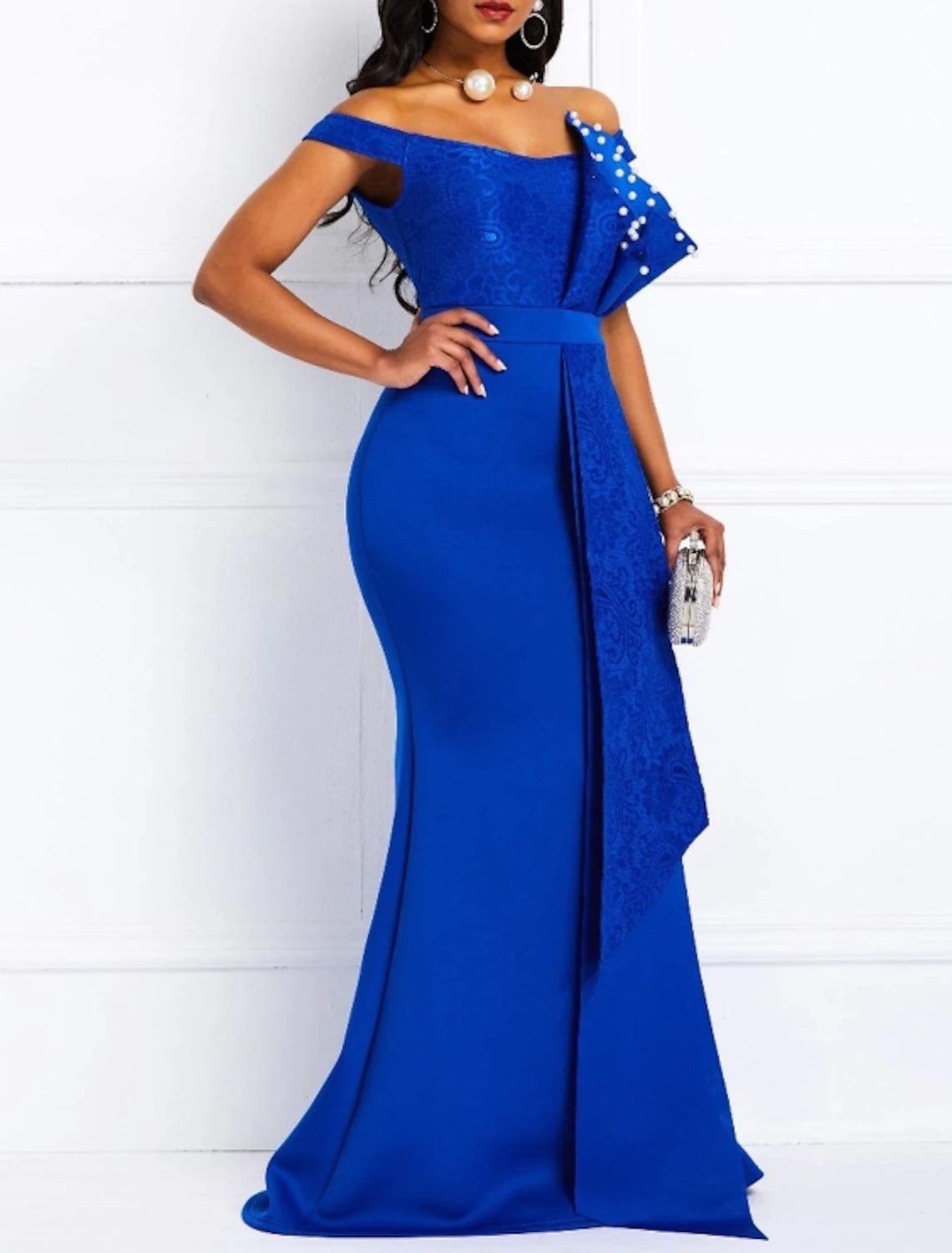 Sheath Mermaid Off the Shoulder Party Dress Short Sleeve Brush Train Dress with Sash / Ribbon Pearls