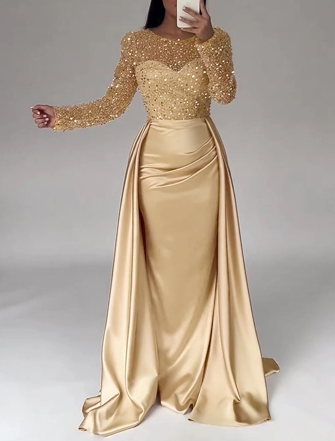 Mermaid Sequin Evening Gown Ruched Satin Dress Long Sleeves Floor Length Sparkle Illusion Neck Prom Wedding Guest Dress with Overskirt