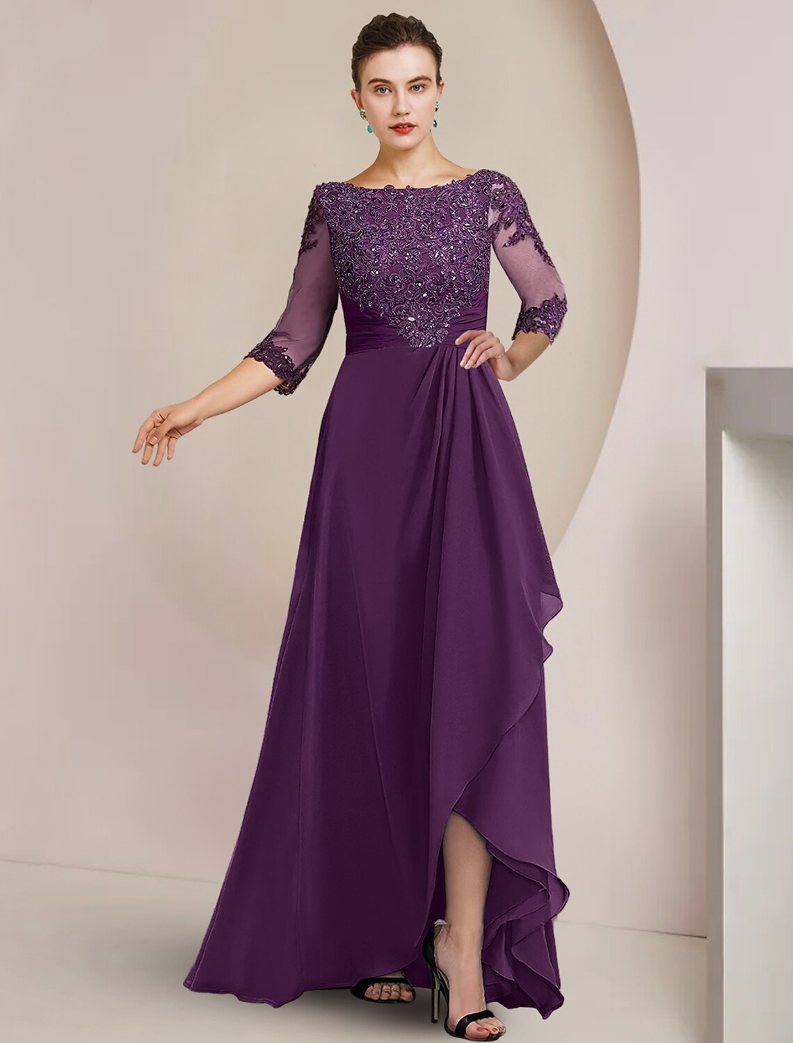 A-Line Mother of the Bride Dress Formal Wedding Guest Elegant High Low Scoop Neck Asymmetrical Floor Length Chiffon Lace 3/4 Length Sleeve with Beading Sequin Appliques