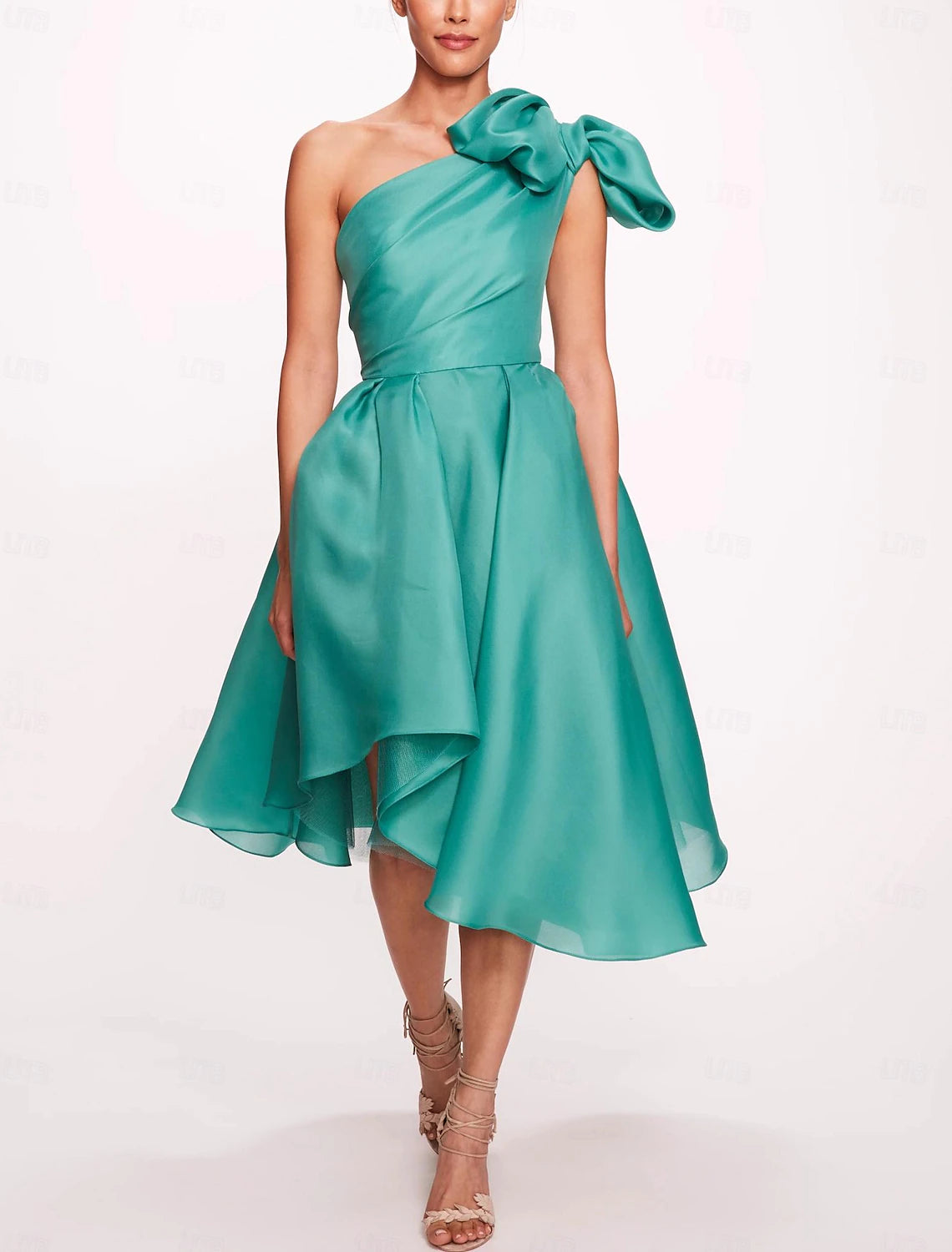 A-Line Cocktail Dresses Formal Wedding Tea Length Sleeveless One Shoulder Satin