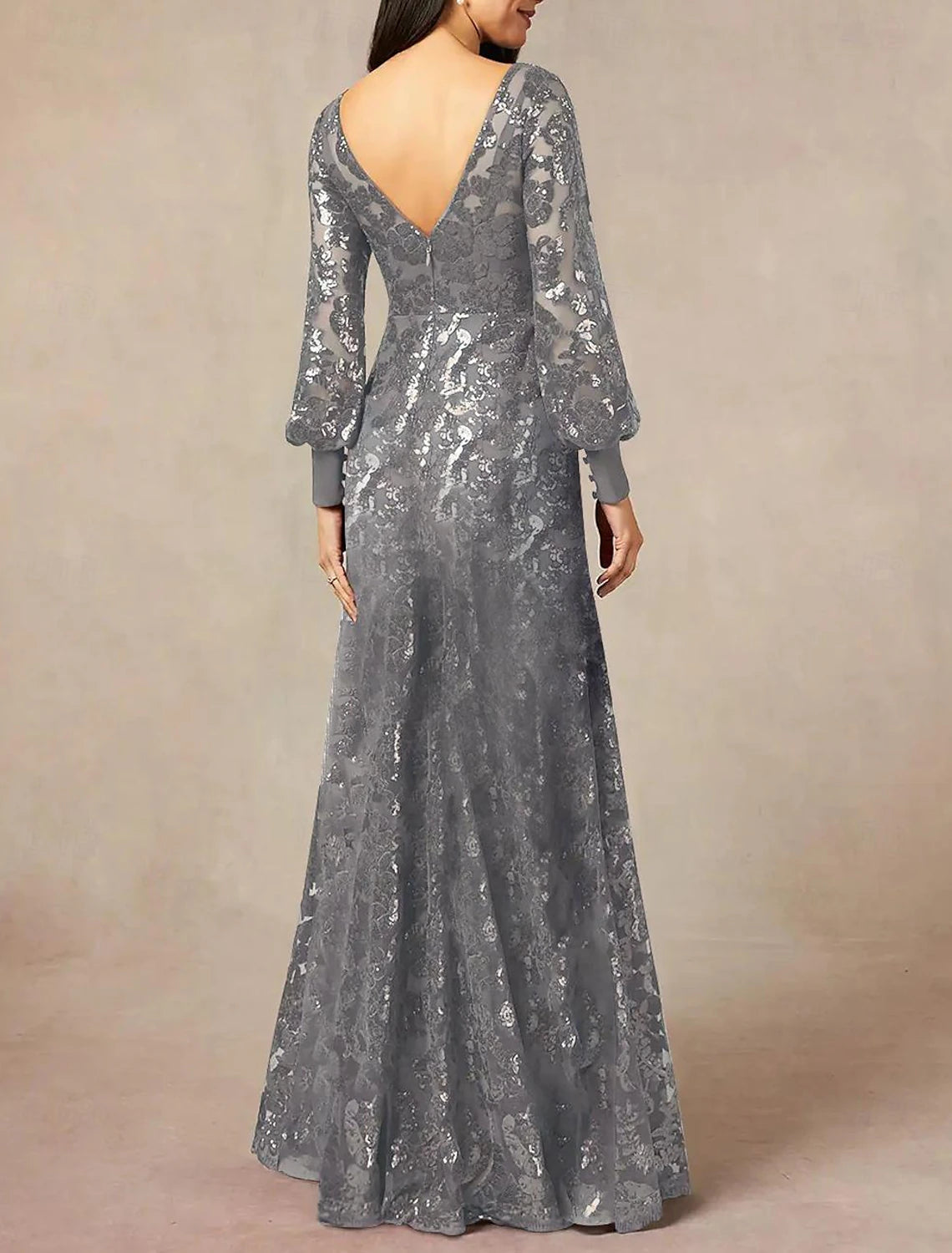 Mother of the Bride Dress Wedding Guest Elegant Jewel Neck Floor Length Chiffon Sequined Long Sleeve with Sequin