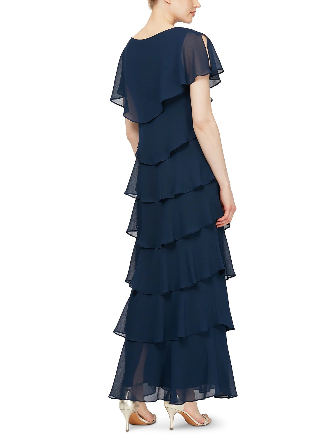 Plus Size Sheath / Column Tiered  Chiffon Short Sleeve V Neck Ankle Length  Mother of the Bride Dress