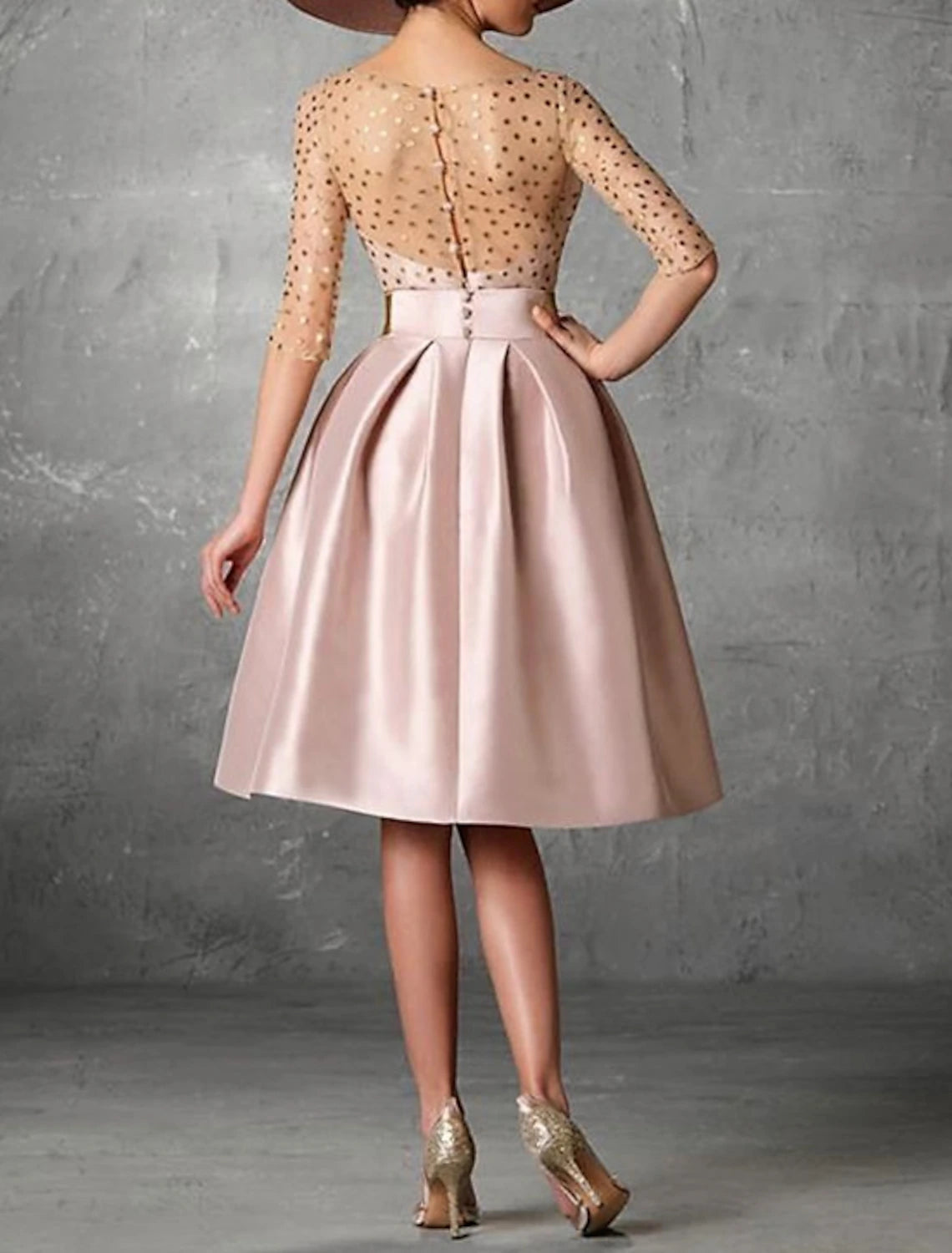 A-Line Cocktail Dresses Elegant Dress Wedding Guest Knee Length Half Sleeve Jewel Neck Pocket Satin No With Glove