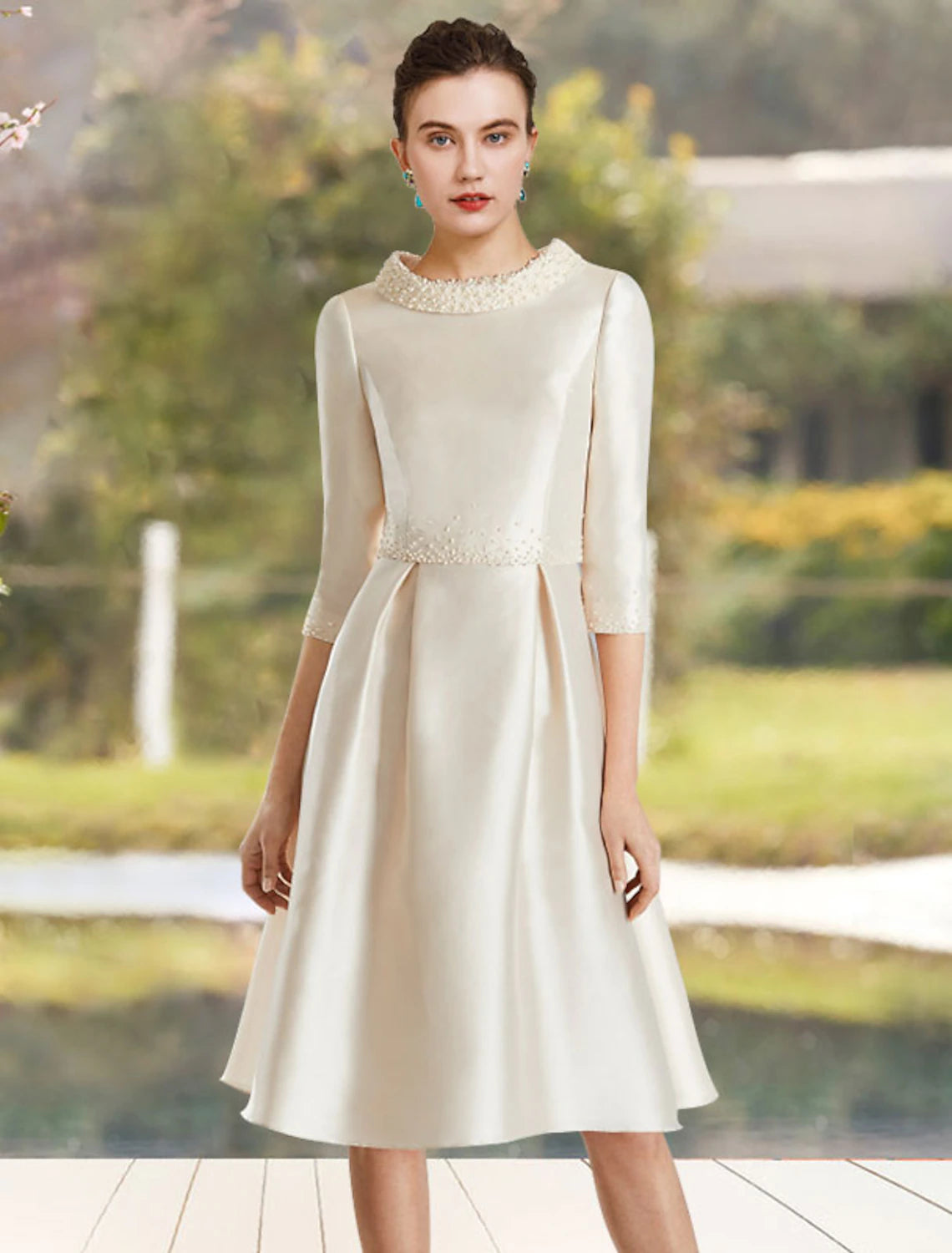 A-Line  Jewel Neck Knee Length Wedding Guest Satin Half Sleeve Mother of the Bride Dress with Beading