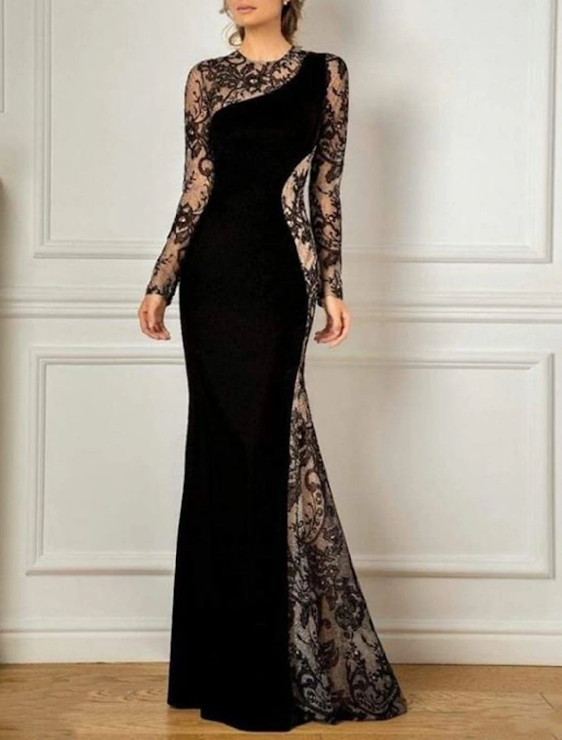 Wedding Guest Dress Floor Length Lace Velvet Jewel Neck Long Sleeve Mother of the Bride Dress