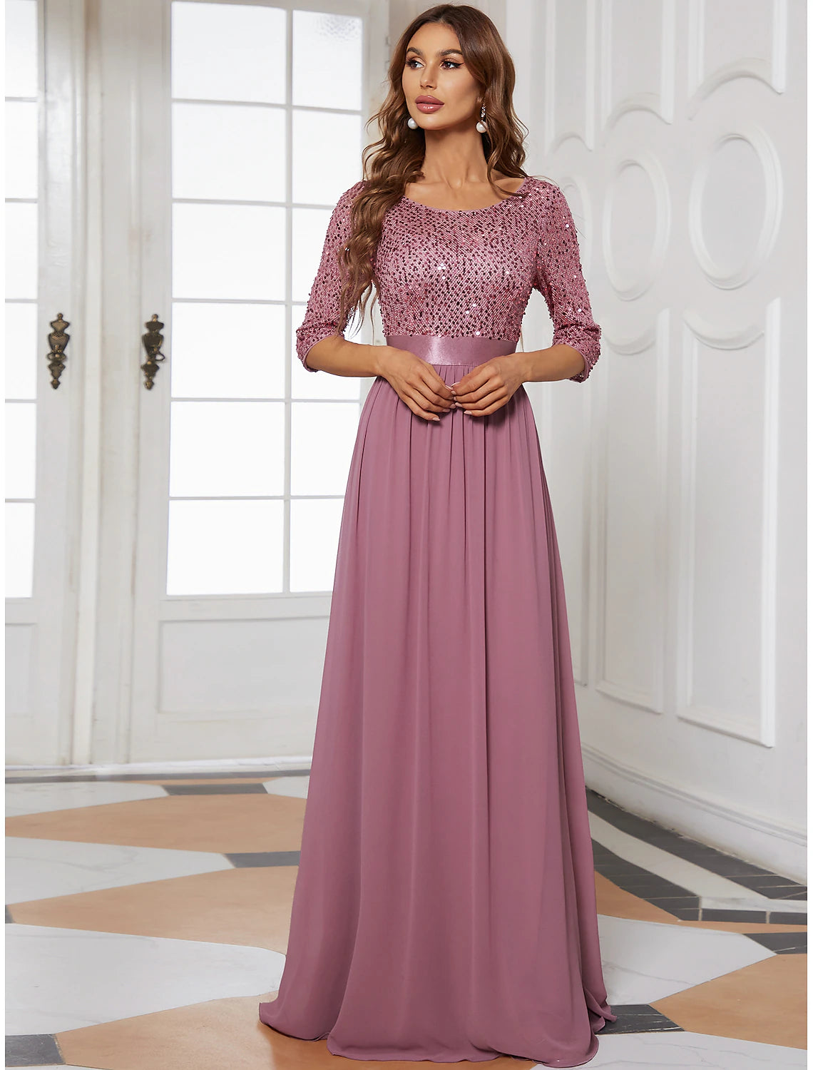 Plus Size Jewel Neck Floor Length Wedding Guest Dress Tulle Sequined 3/4 Length Sleeve Mother of the Bride Dress