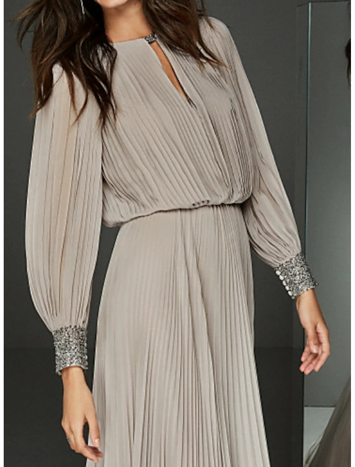 A-Line Jewel Neck Floor Length Party Dress Chiffon Long Sleeve Mother of the Bride Dress with Buttons Pleats Beading