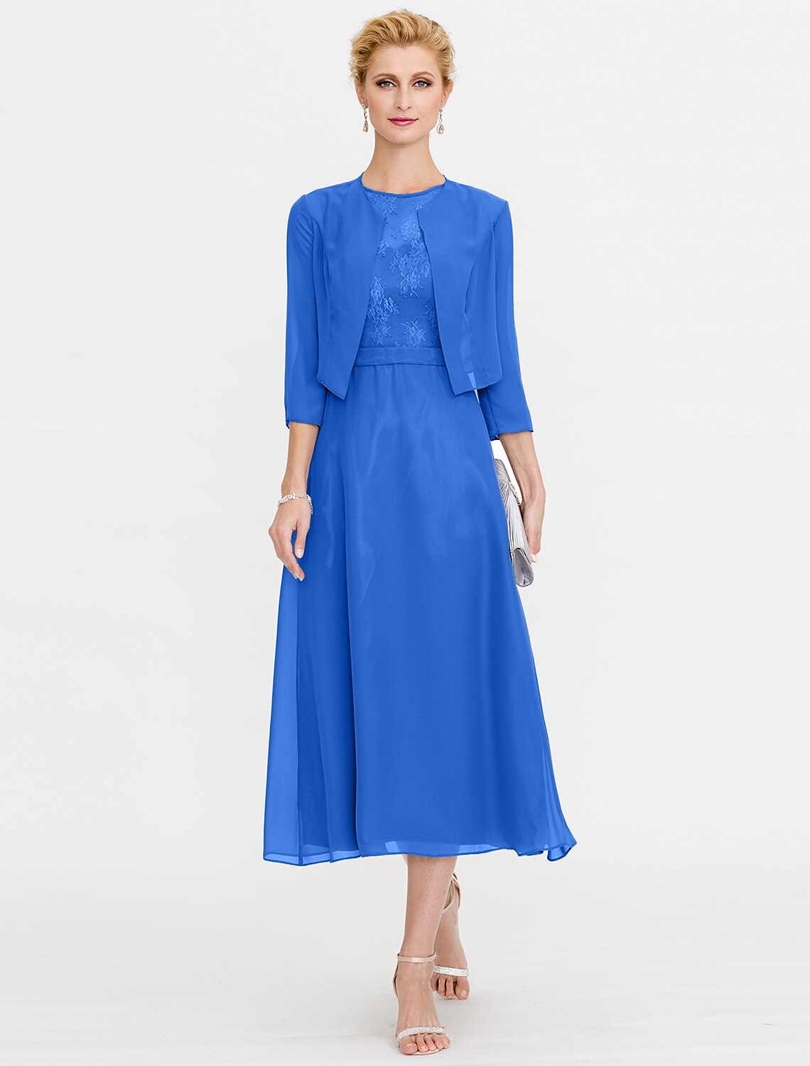 A-Line Mother of the Bride Dress Wedding Guest Elegant Plus Size Illusion Neck Tea Length Chiffon Corded Lace Sleeveless Wrap Included with Lace Pleats