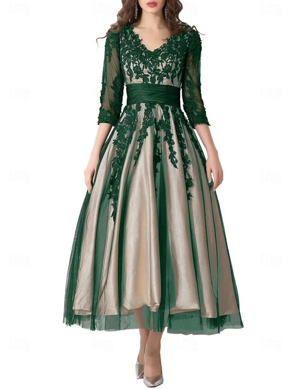 A-Line Vintage V Neck  Wedding Guest Ankle Length Lace Tulle 3/4 Length Sleeve  Mother of the Bride Dress with Pleats Appliques