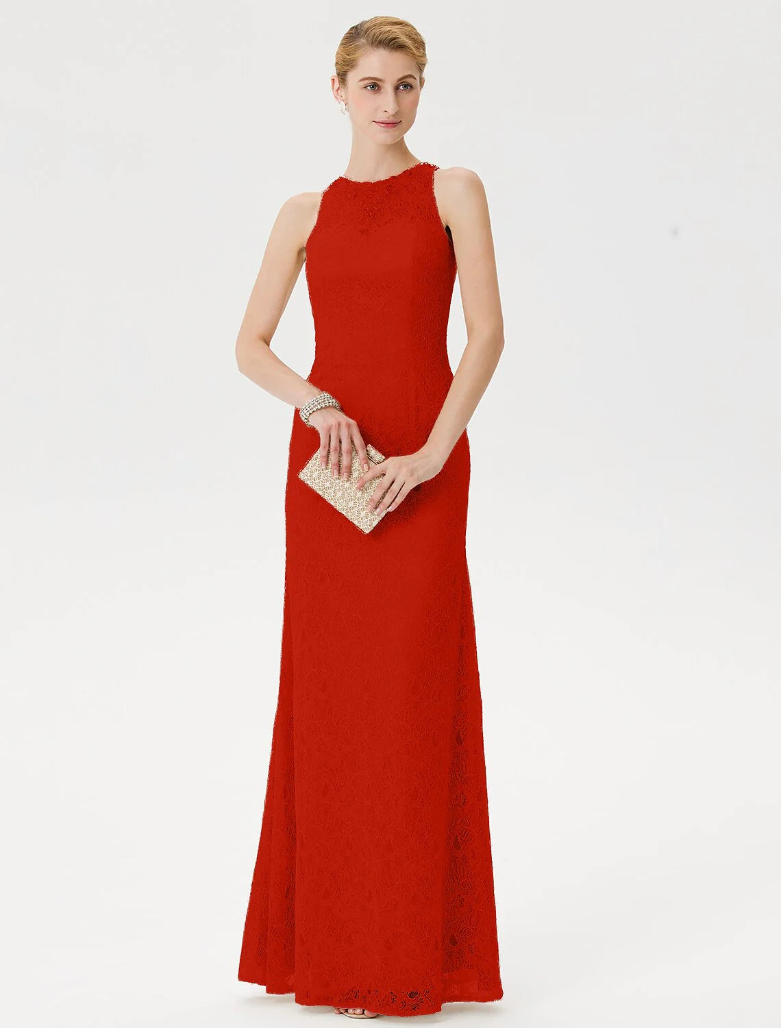 Sheath / Column Mother of the Bride Dress Elegant See Through Illusion Neck Floor Length Lace Sleeveless with Crystals Beading