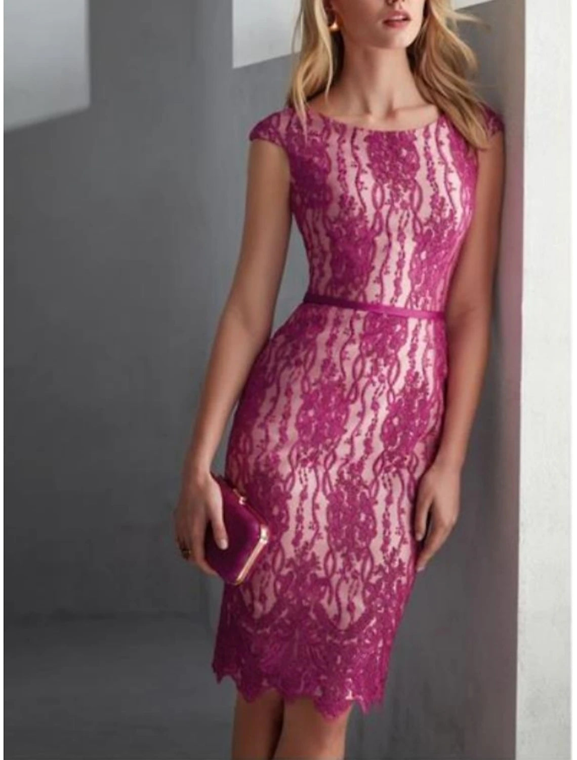 Two Piece Mother of the Bride Dress Wedding Guest Elegant Petite Scoop Neck Knee Length Satin Lace 3/4 Length Sleeve with Bow(s) Ruching