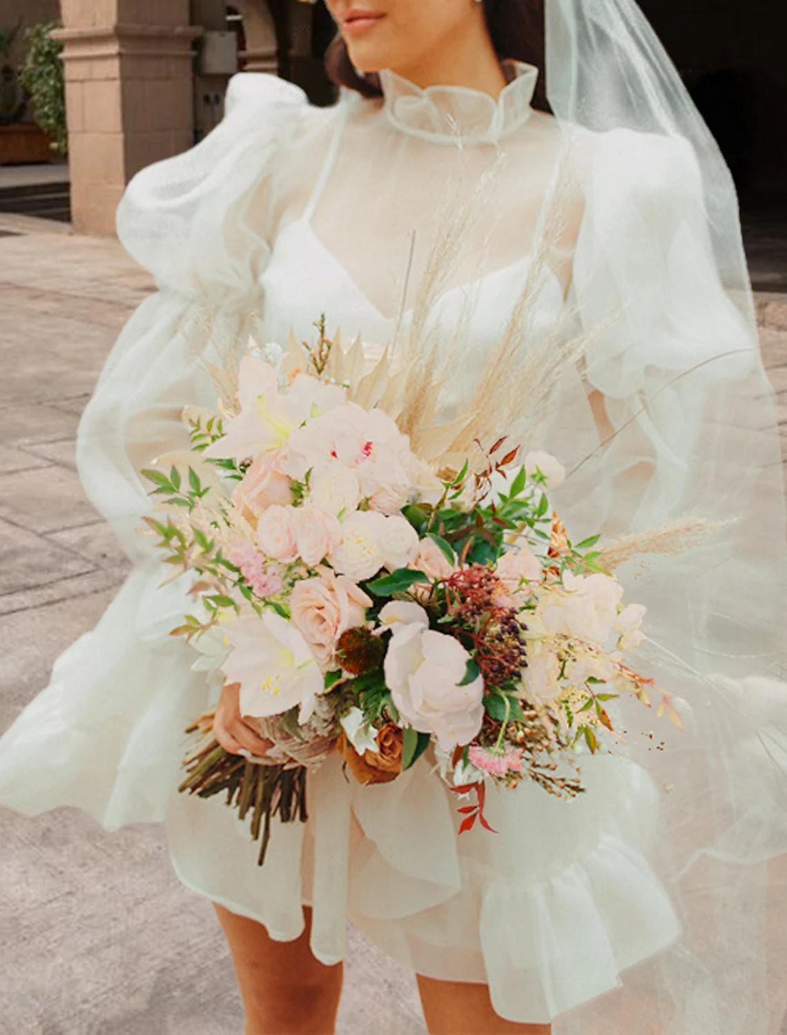 Reception Little Dresses Wedding Dresses A-Line High Neck Long Sleeve Short / Mini Organza Bridal Gowns With Pick Up Skirt