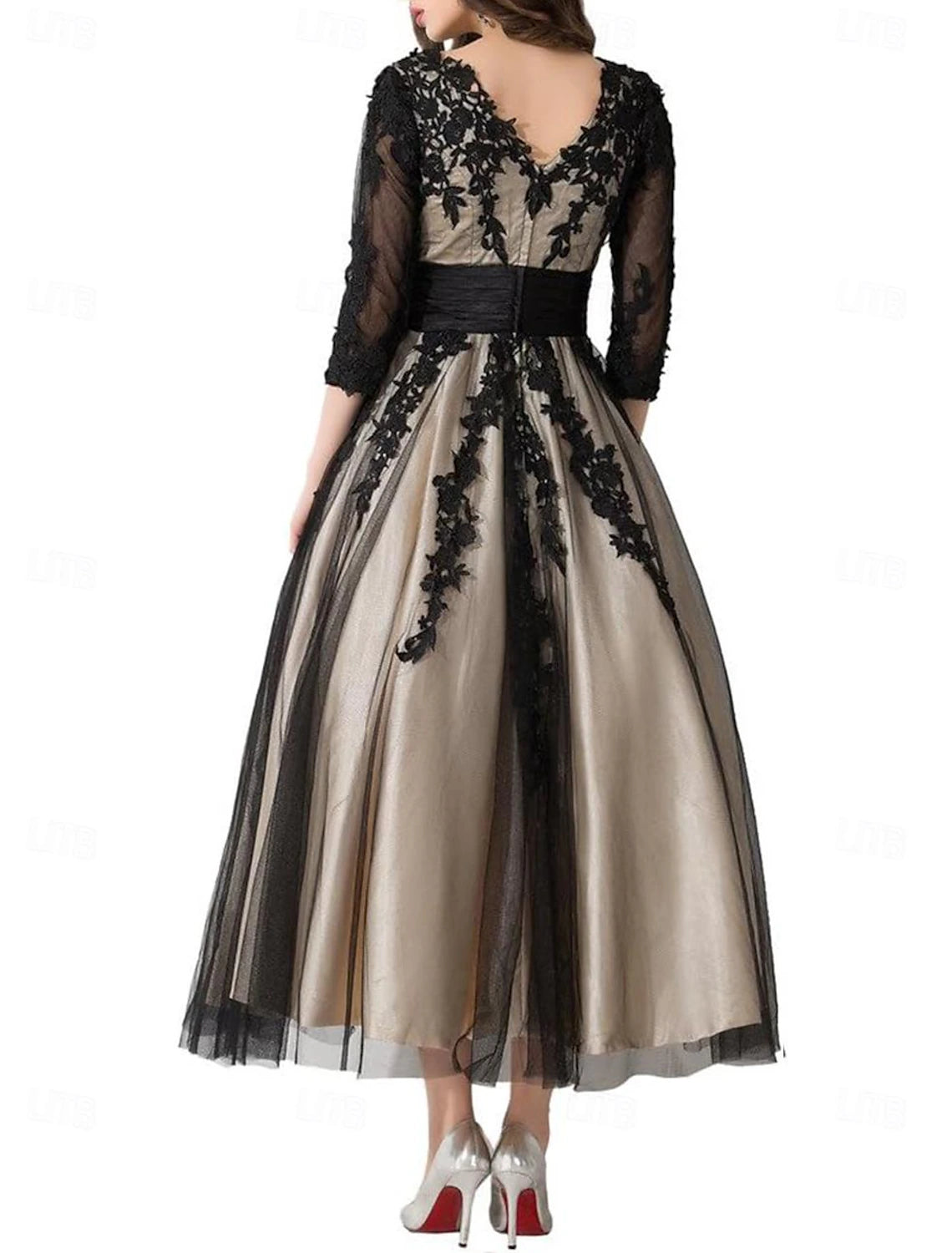 A-Line Vintage V Neck  Wedding Guest Ankle Length Lace Tulle 3/4 Length Sleeve  Mother of the Bride Dress with Pleats Appliques