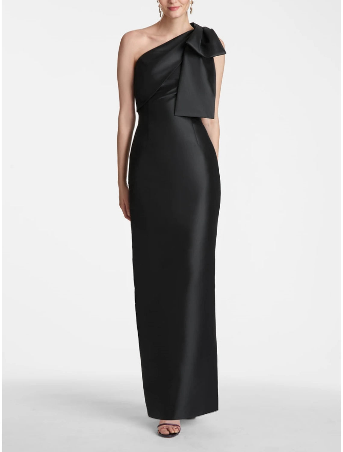 Sheath Mermaid Sleeveless Evening Gown One Shoulder Ankle Length Satin Party Dress With Bow Slit