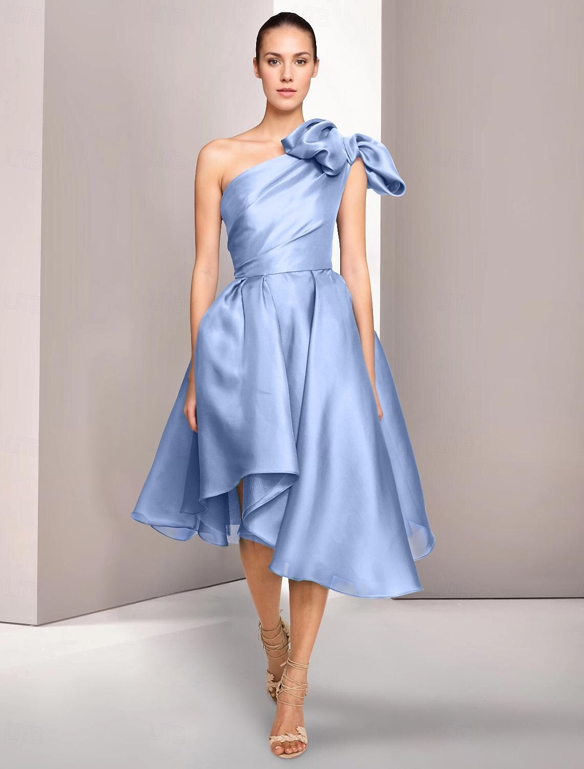 A-Line Cocktail Dresses Formal Wedding Tea Length Sleeveless One Shoulder Satin