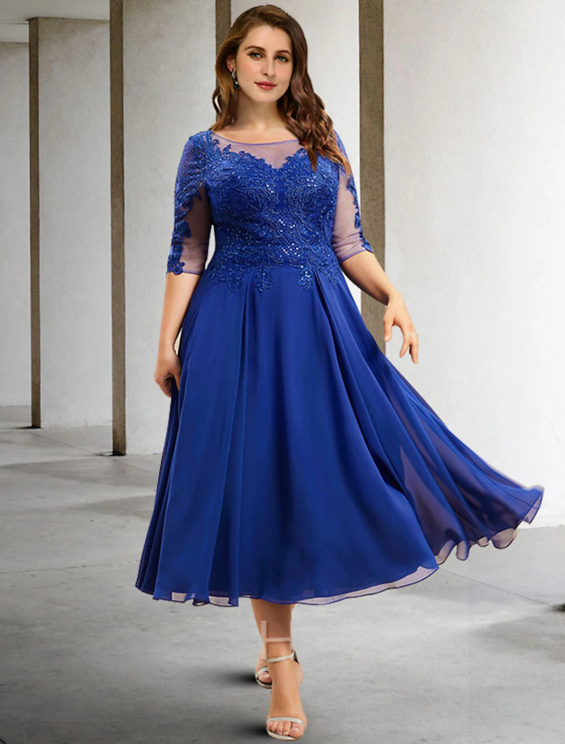 Plus Size  Tea Length Half Sleeve Formal Wedding Guest Dress Jewel Neck Chiffon Mother of the Bride Dresses with Pleats Sequin Appliques
