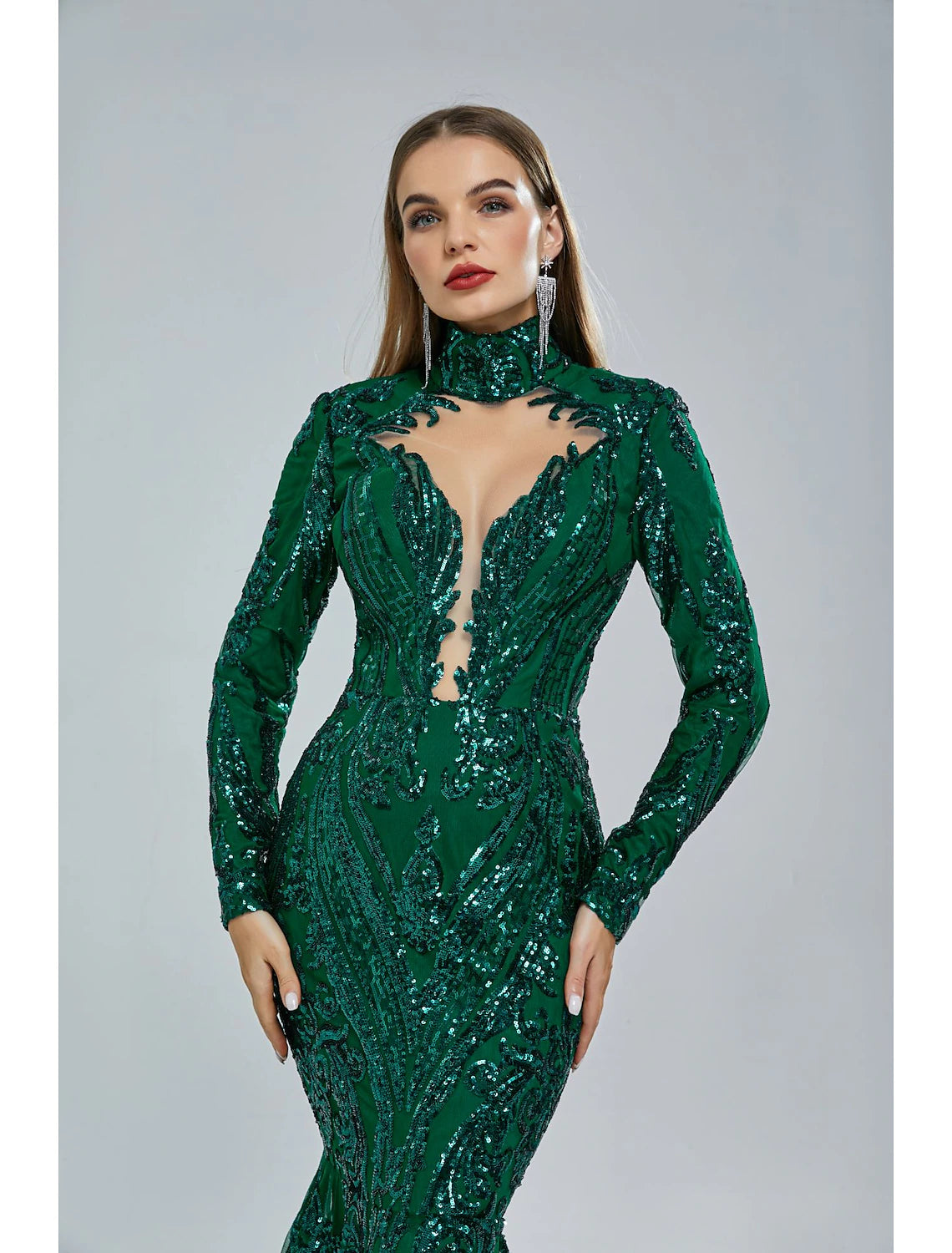 Mermaid Party Dress Evening Gown Sparkle & Shine Dress Carnival Christmas Red Green Dress Court Train Long Sleeve Stand Collar Lace with Sequin