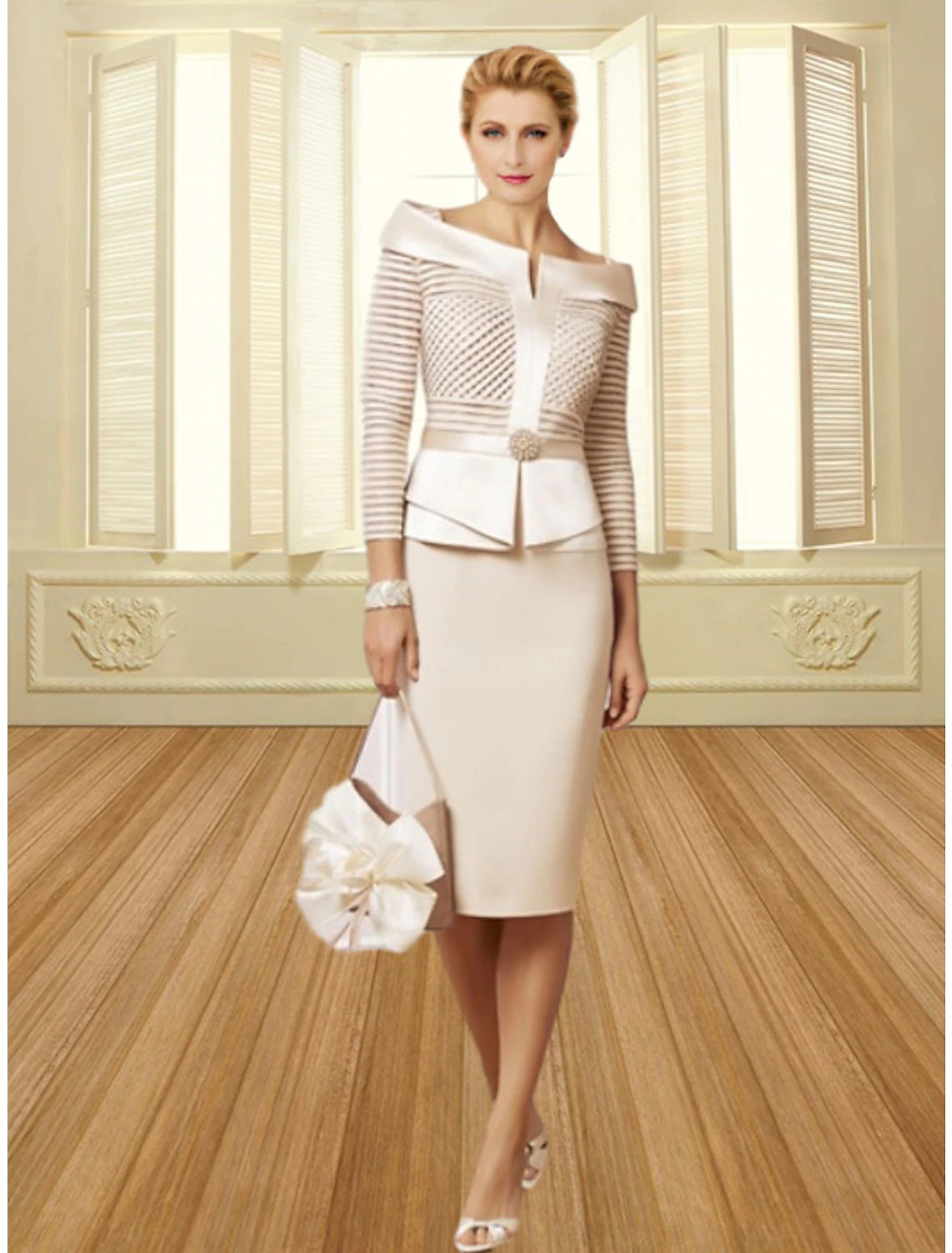 Plus Size Sheath / Column Bateau Neck Knee Length Wedding Guest  Satin 3/4 Length Sleeve Mother of the Bride Dress  with Sash / Ribbon Crystals