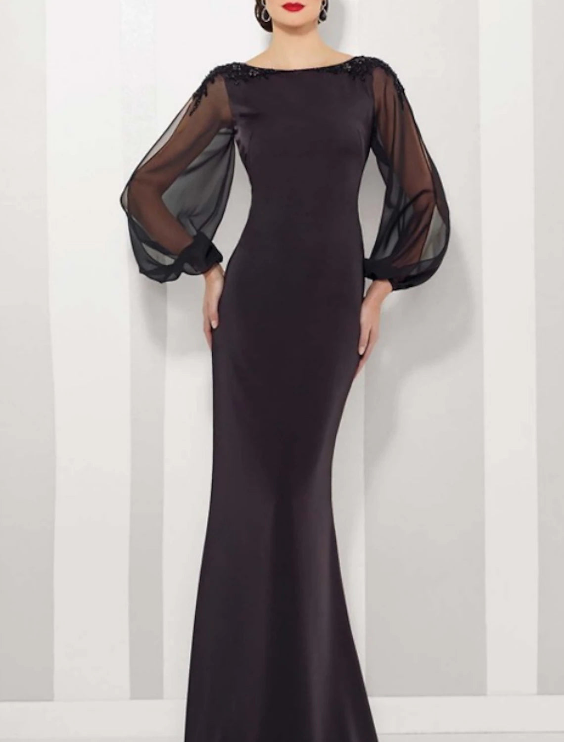 A Line Sheath Mermaid  Jewel Neck Floor Length Wedding Guest Party Dress Satin Tulle Long Sleeve Mother of the Bride Dress with Appliques