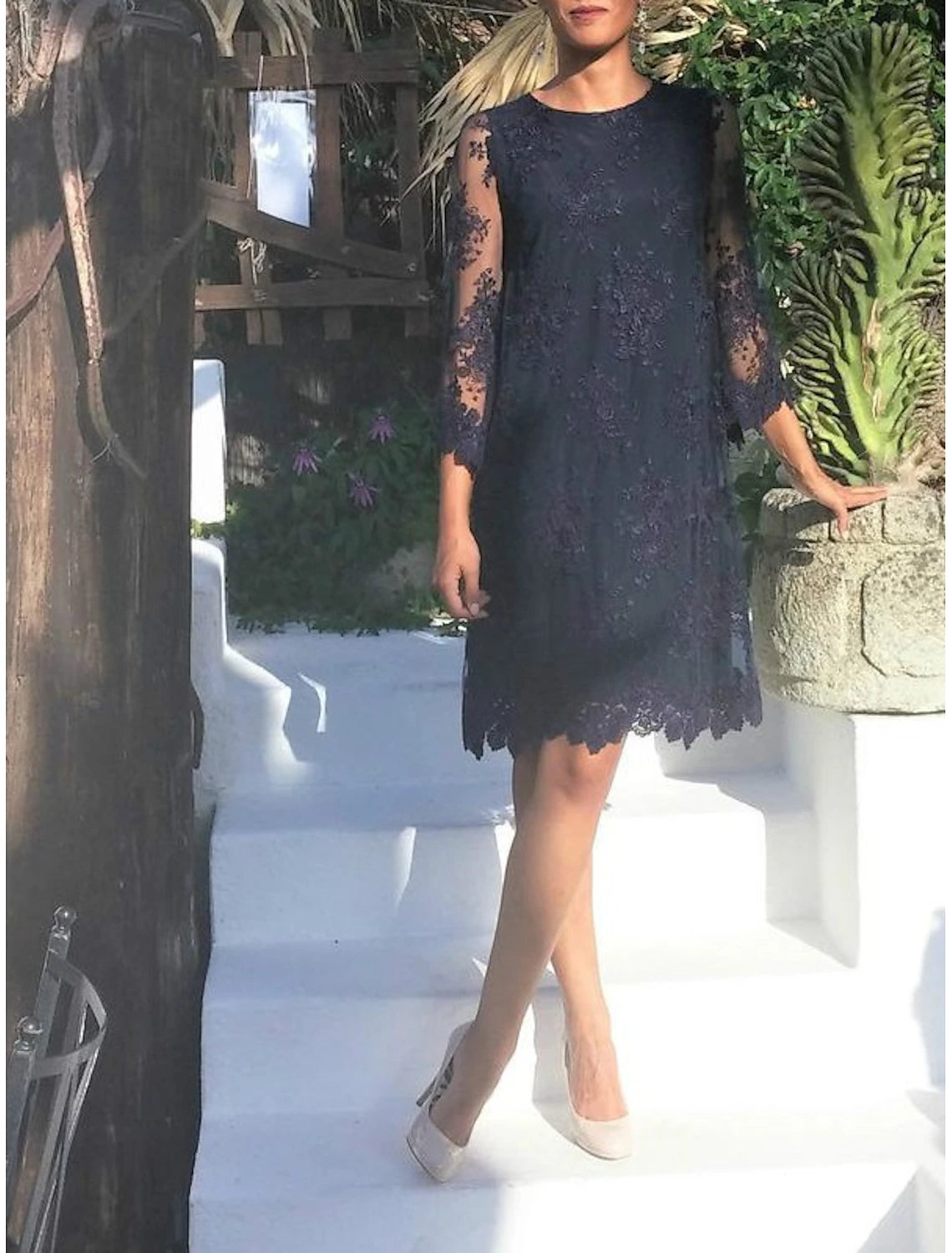 Wedding Guest Party Dress  Jewel Neck Lace Tulle 3/4 Length Sleeve Mother of the Bride Dress with Appliques