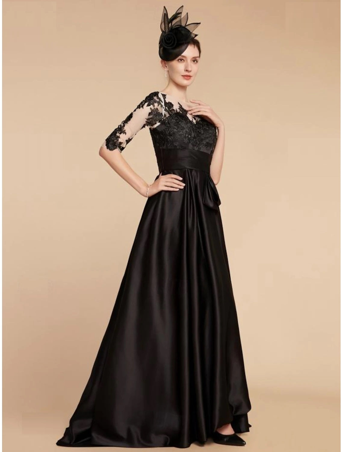 A-Line  Wedding Guest Party Jewel Neck Sweep / Brush Train Satin Lace Half Sleeve Mother of the Bride Dress with Split Front Ruching