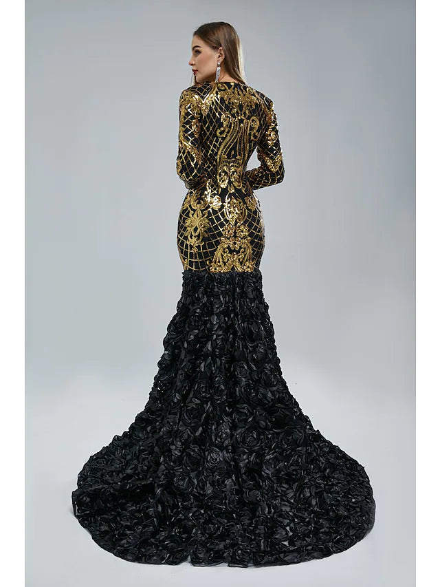 Mermaid / Trumpet Evening Gown Elegant  & Luxurious Dress Engagement Court Train Long Sleeve V Neck Sequined with Sequin