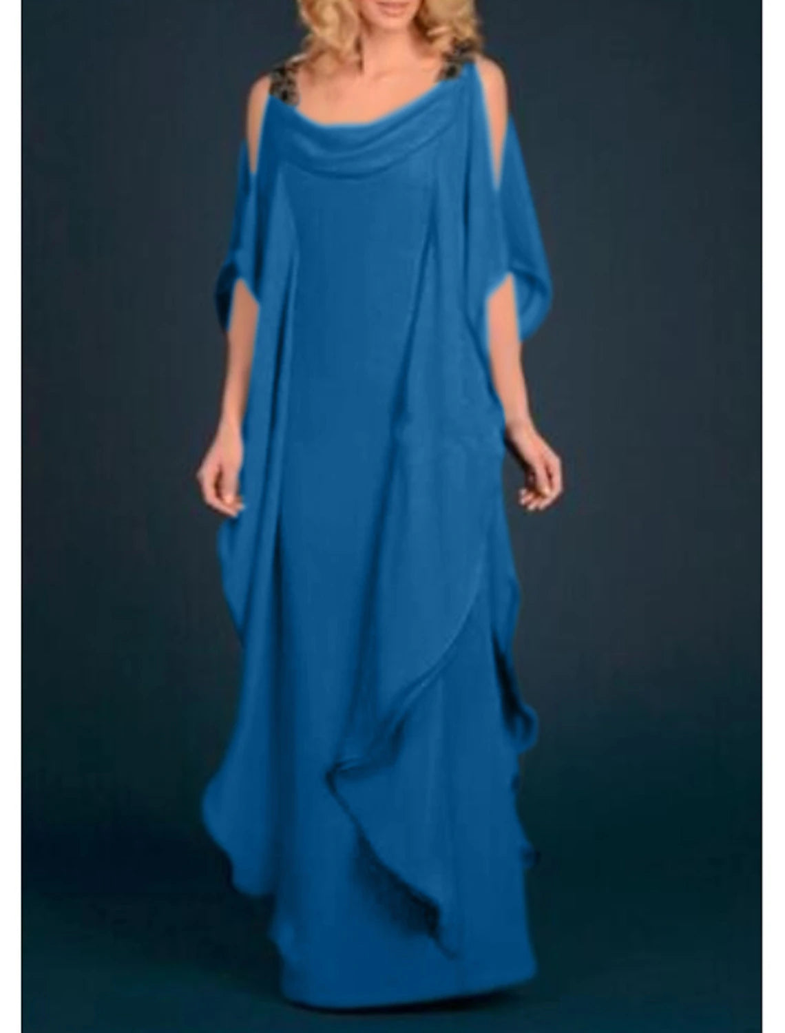 Plus Size Scoop Neck Floor Length Wedding Guest Party Dress Chiffon Half Sleeve Mother of the Bride Dress with Appliques