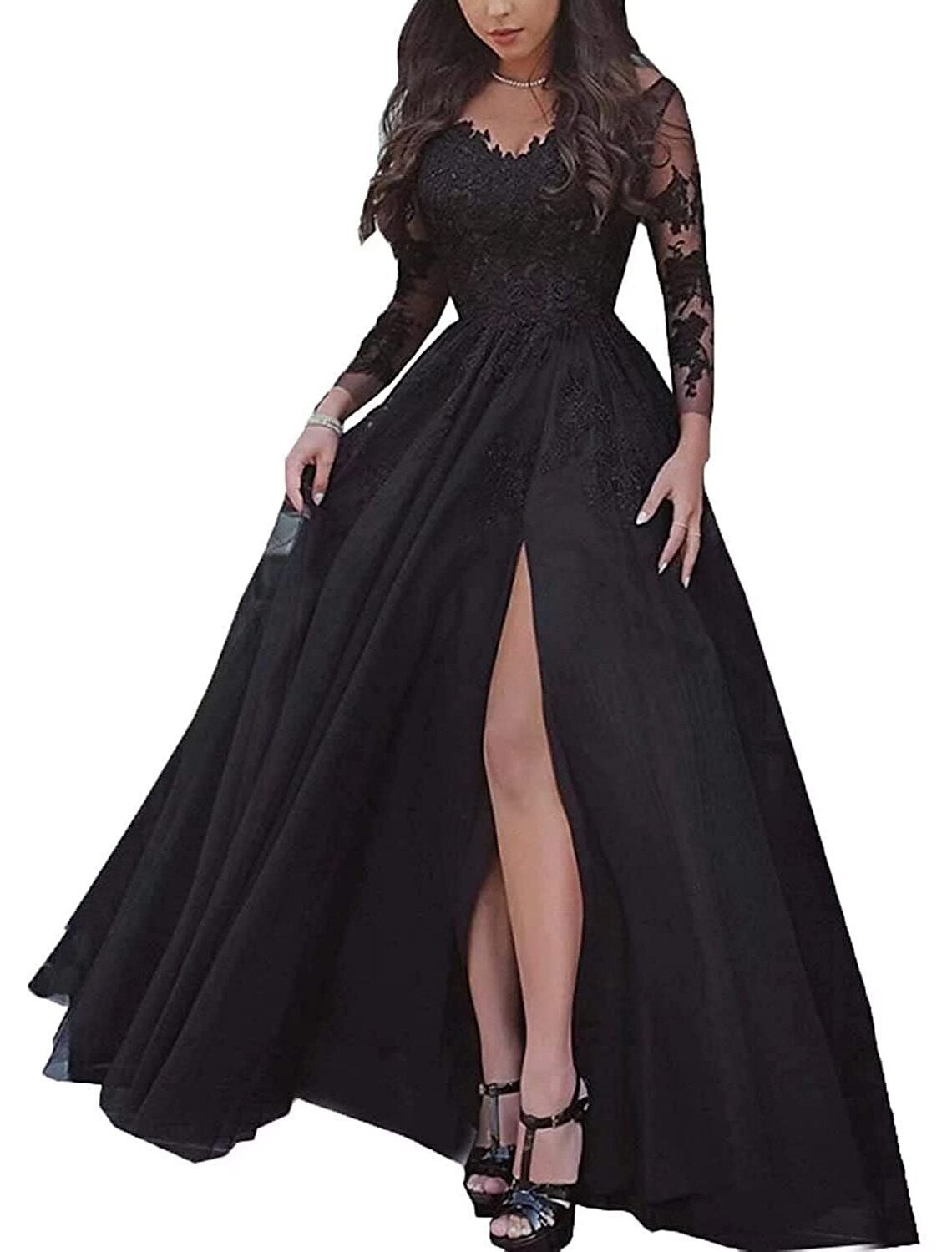 A-Line Evening Gown Floral Dress Wedding Guest Formal Evening Floor Length Long Sleeve V Neck Wednesday Addams Family Lace with Slit Lace Insert