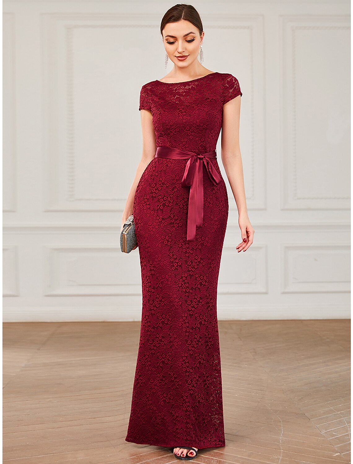 Mermaid / Trumpet Evening Gown Elegant Dress Formal Wedding Guest Floor Length Short Sleeve Jewel Neck Bridesmaid Dress Lace V Back with Strappy