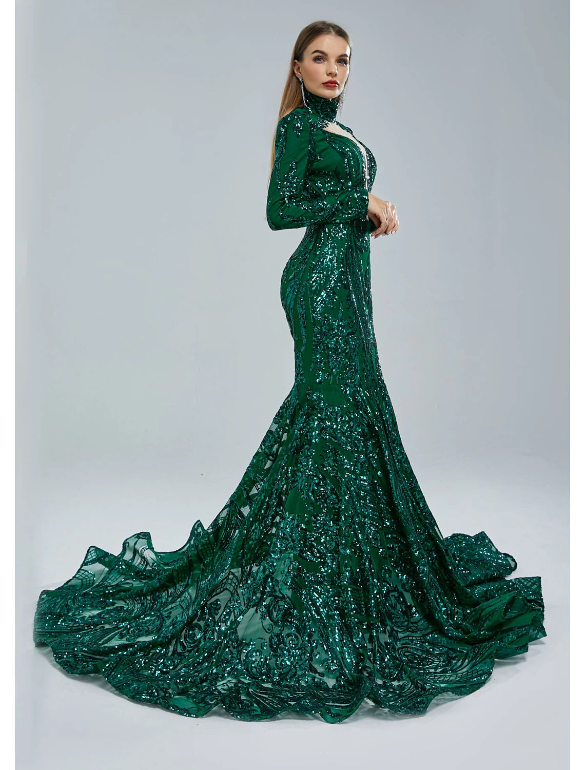Mermaid Party Dress Evening Gown Sparkle & Shine Dress Carnival Christmas Red Green Dress Court Train Long Sleeve Stand Collar Lace with Sequin