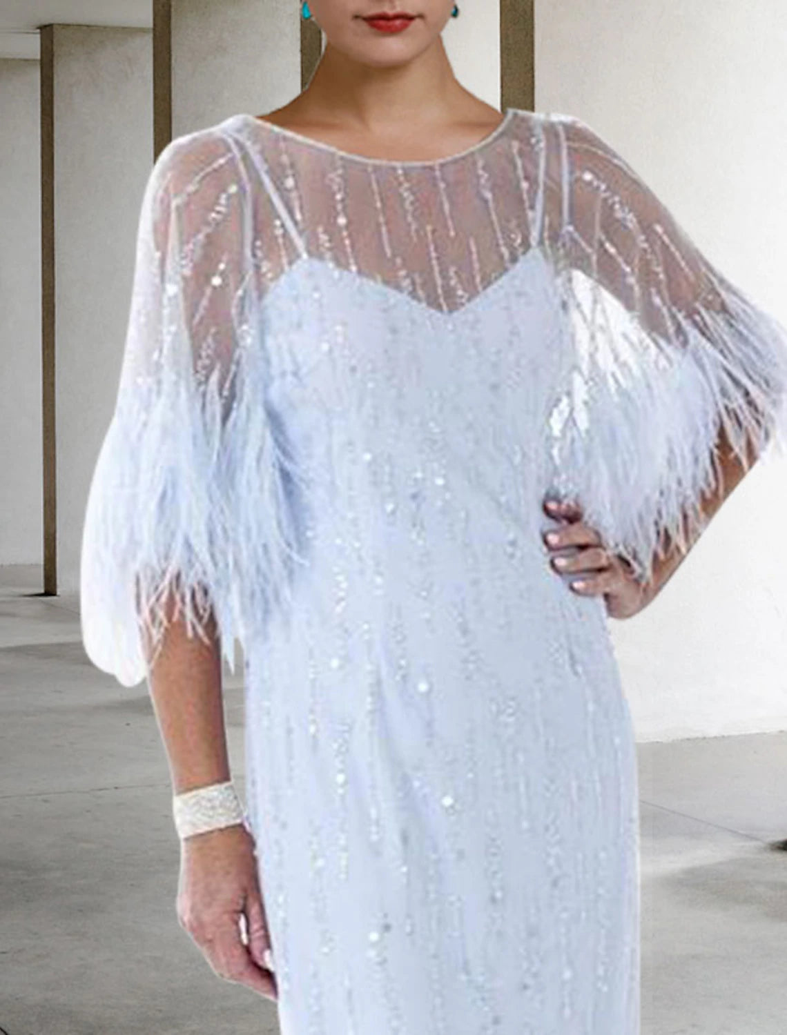 Sheath / Column Mother of the Bride Dress Wedding Guest Elegant Sparkle & Shine Jewel Neck Knee Length Stretch Chiffon Half Sleeve with Feather Beading Sequin