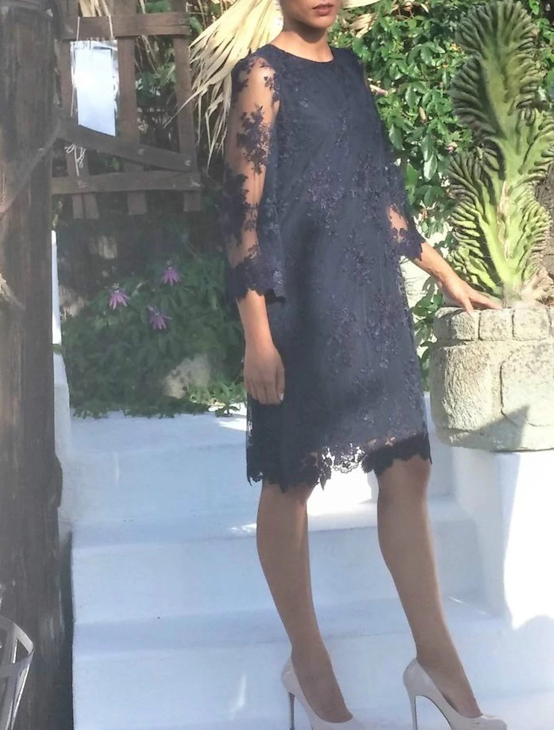 Wedding Guest Party Dress  Jewel Neck Lace Tulle 3/4 Length Sleeve Mother of the Bride Dress with Appliques