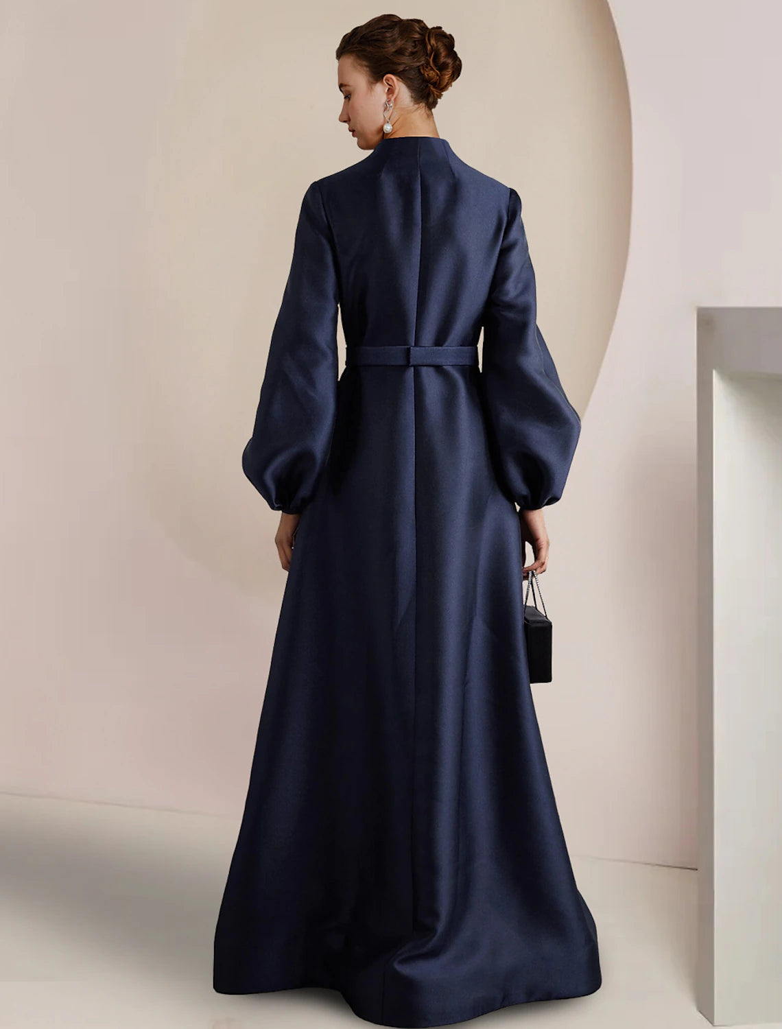 A-Line  V Neck Floor Length Wedding Guest Party Dress Satin Long Sleeve  Mother of the Bride Dress with Pearls Crystal Brooch