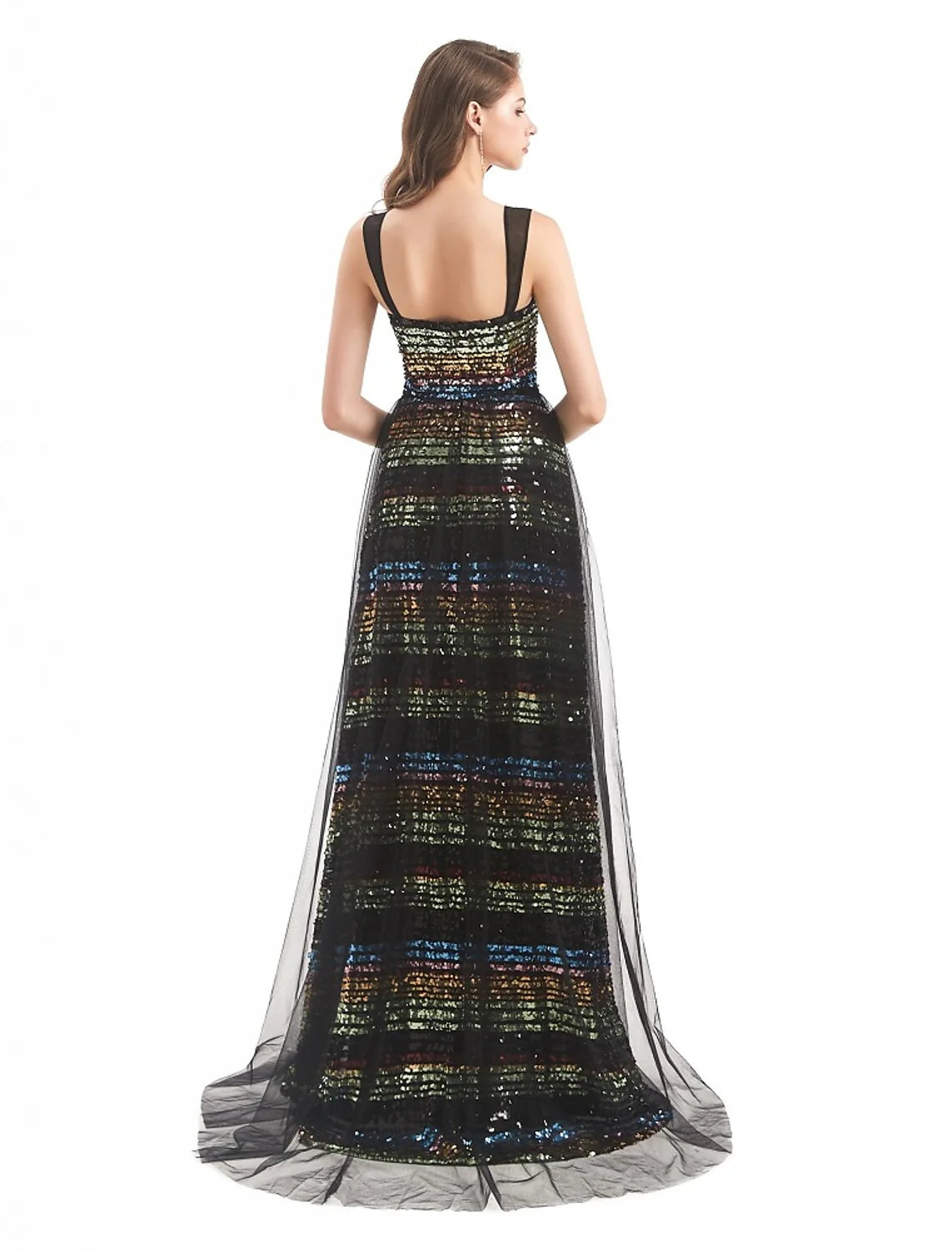 Sheath / Column Evening Gown Vintage Dress Engagement Sweep / Brush Train Sleeveless Boat Neck Tulle with Sequin