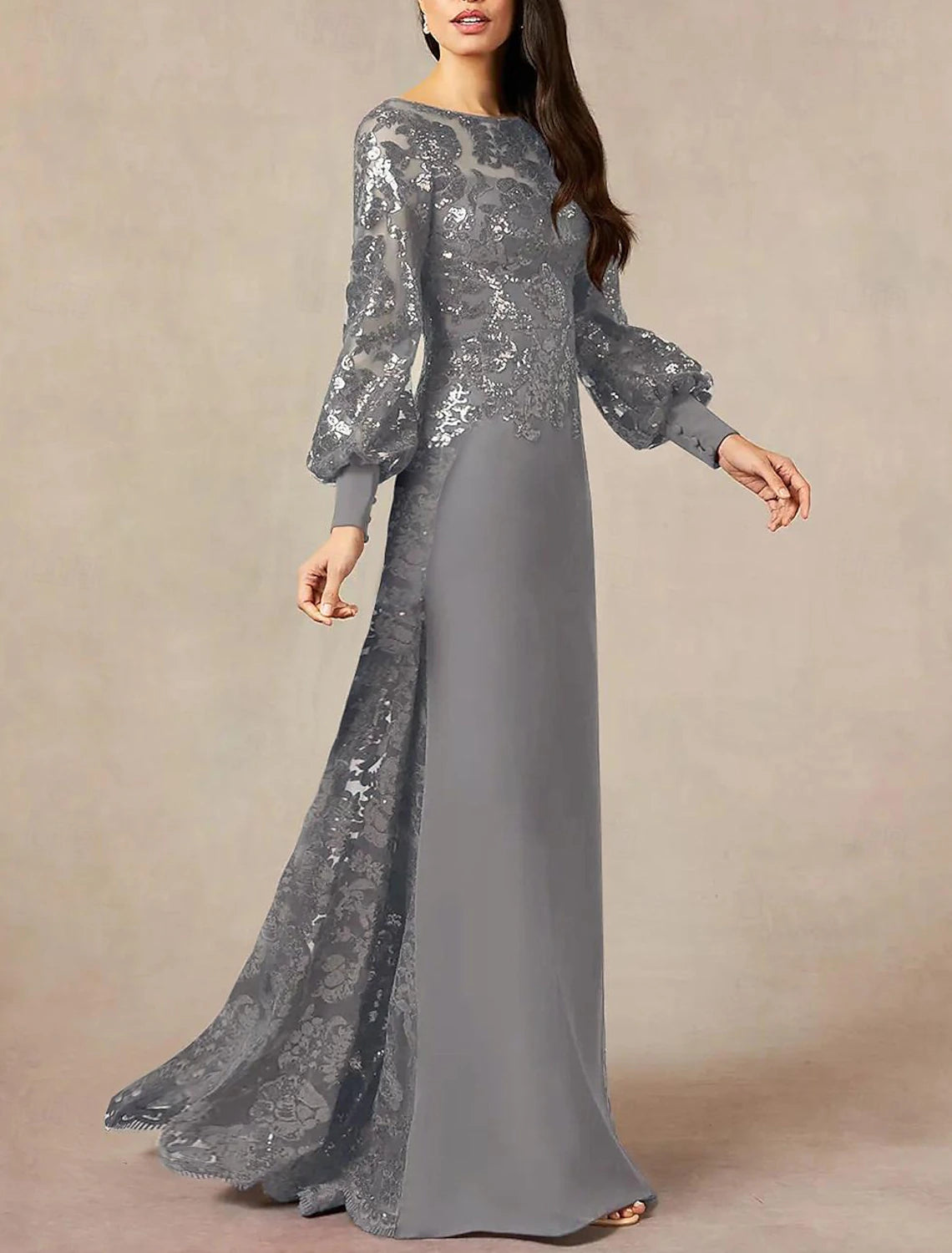 Mother of the Bride Dress Wedding Guest Elegant Jewel Neck Floor Length Chiffon Sequined Long Sleeve with Sequin