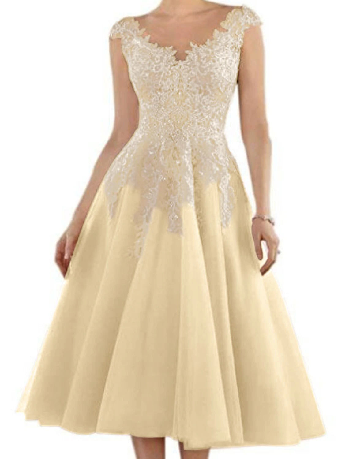 A-Line  V Neck Tea Length Wedding Guest Party Dress   Lace Tulle Sleeveless Mother of the Bride Dress with Pleats Appliques