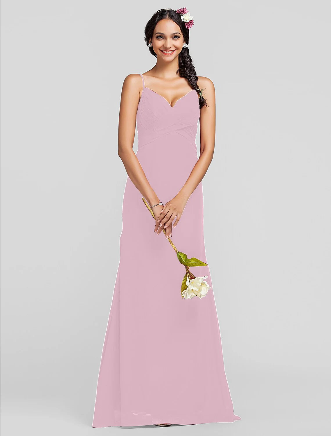 Sheath / Column Spaghetti Strap Floor Length Chiffon Bridesmaid Dress with Criss Cross