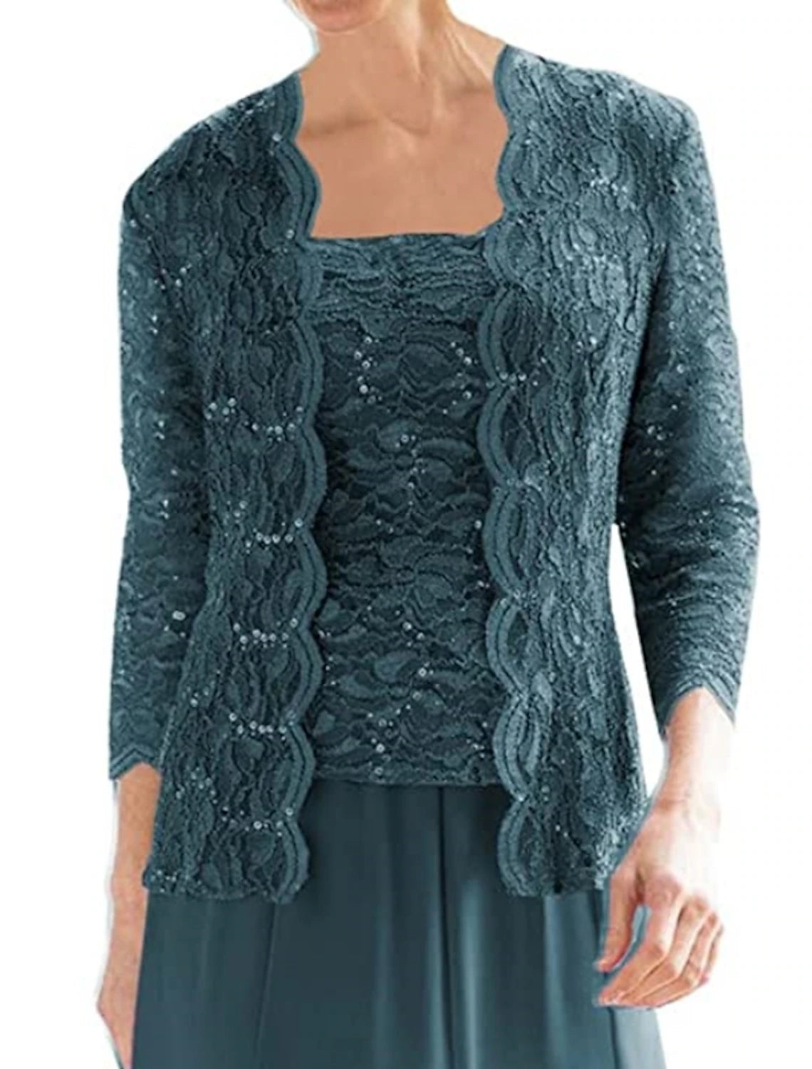 Sheath Elegant Vintage Square Neck  3/4 Length Sleeve Wedding Guest Dress Tea Length Chiffon Lace Mother of the Bride Dress with Pleats Sequin