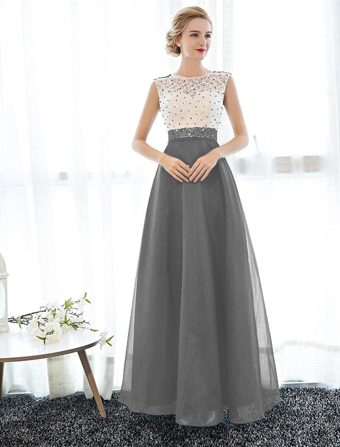 A-Line Elegant Dress Wedding Guest Prom Floor Length Sleeveless Illusion Neck Tulle Over Lace with Beading