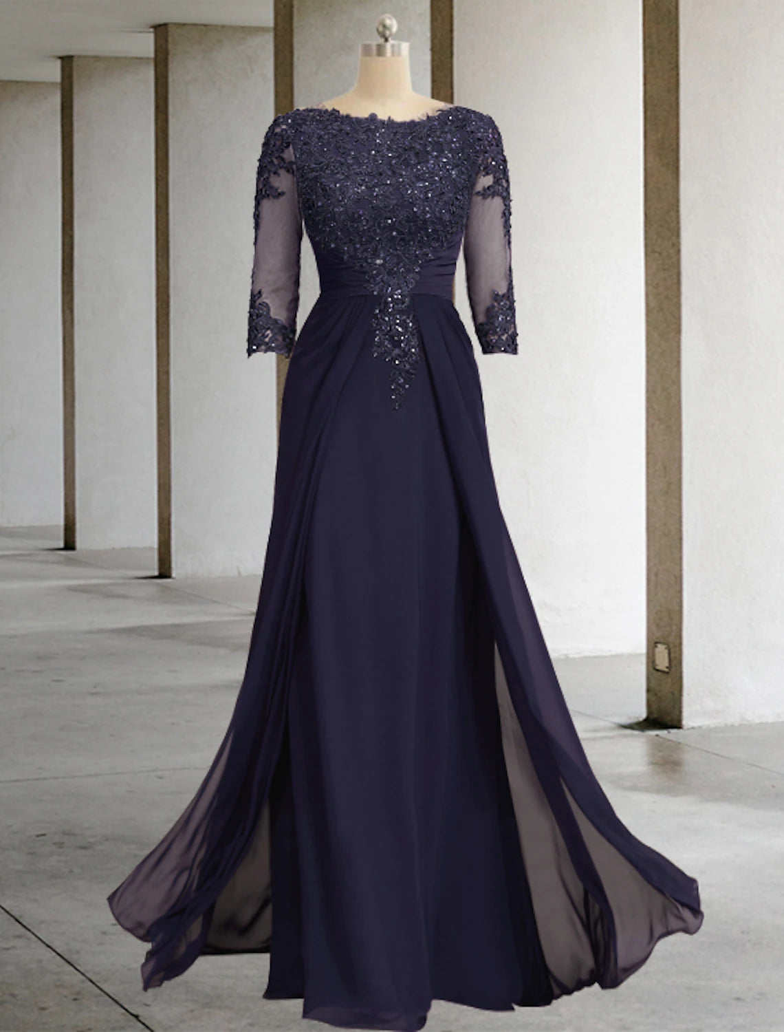 Sheath / Column  Sparkle/Shine Sequin Scoop Neck Floor Length Formal Wedding Guest With Overskirts Chiffon Lace 3/4 Sleeve Mother of the Bride Dress with Appliques