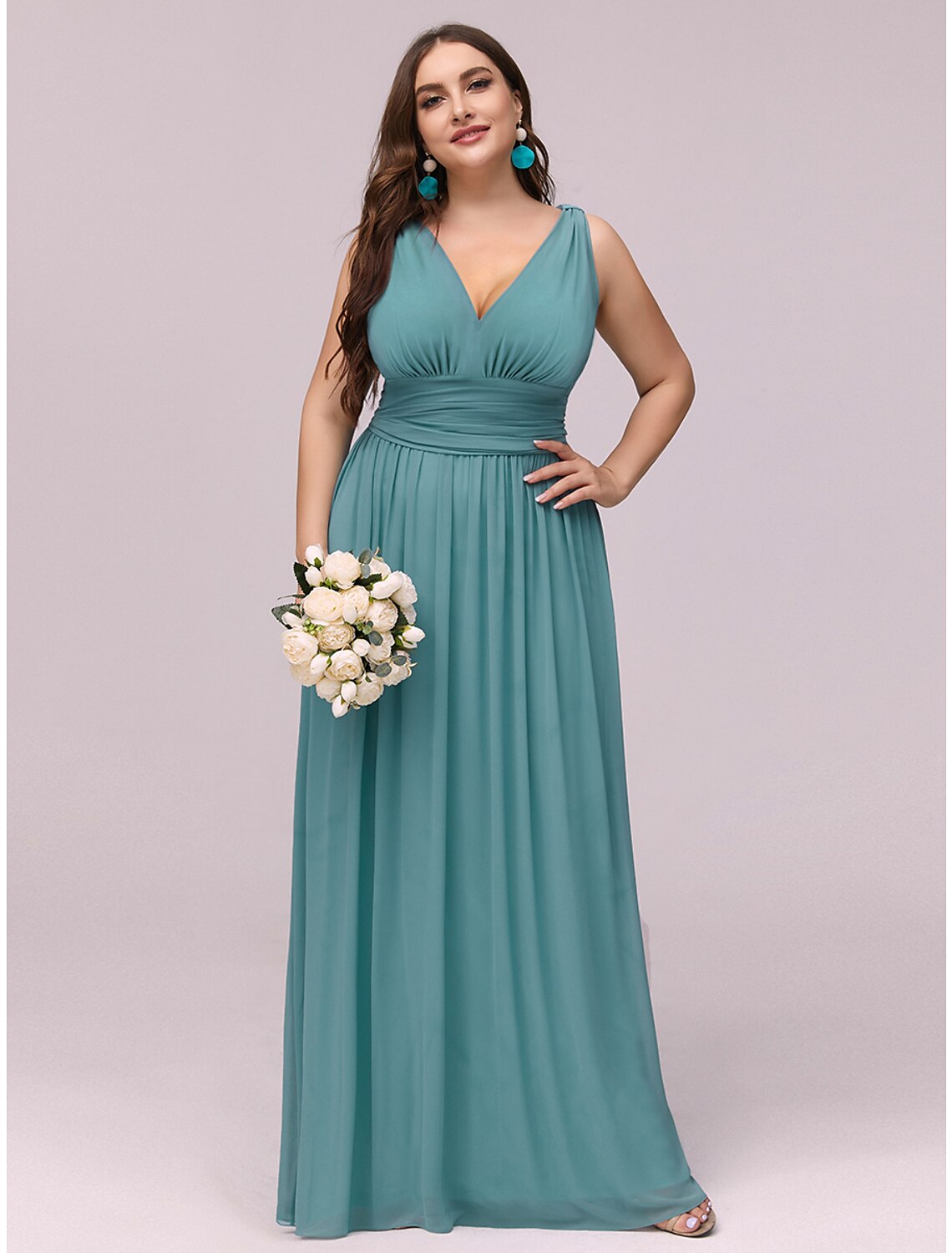 A-Line Plus Size Wedding Guest Formal Evening Dress V Neck V Back Sleeveless Floor Length Chiffon with Pleats