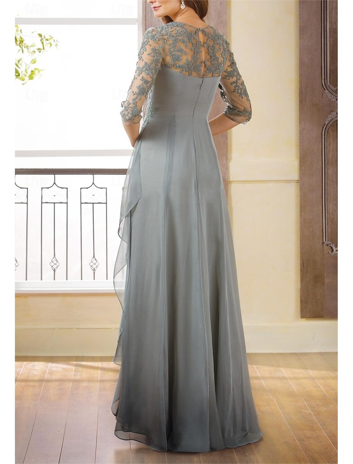 Sheath A-Line Trumpet Mother of the Bride Dress Elegant Jewel Neck Wedding Guest Floor Length Chiffon 3/4 Length Sleeve with Ruched Appliques Split