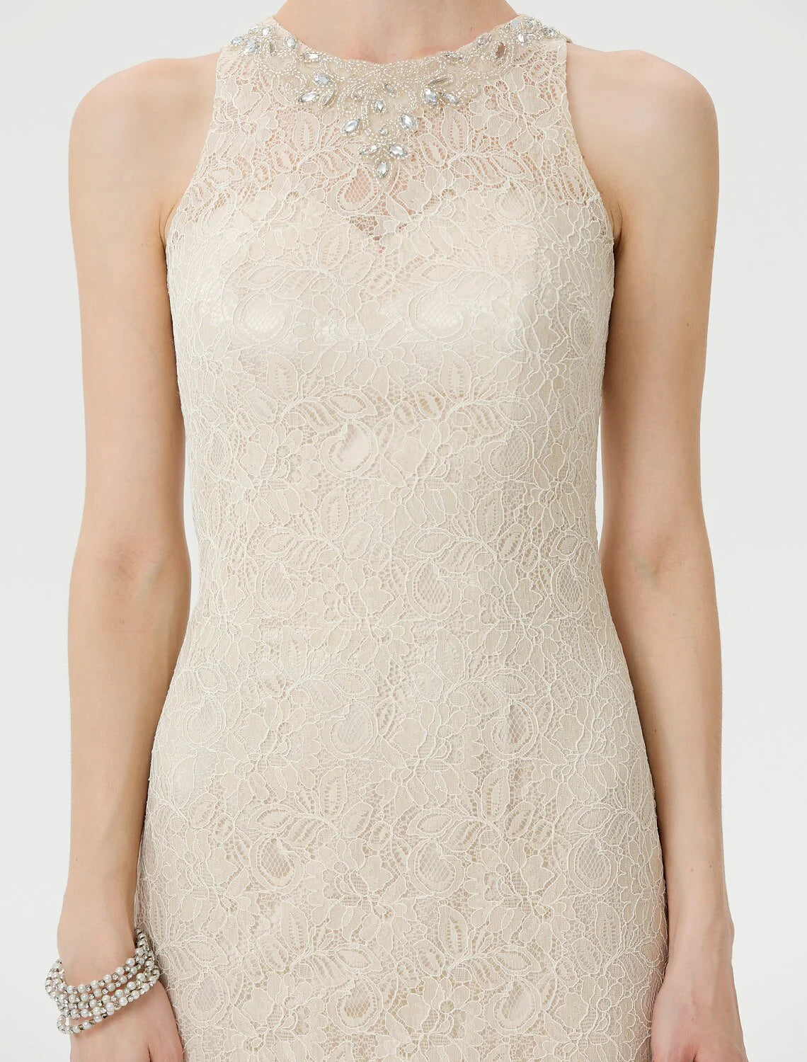 Sheath / Column Mother of the Bride Dress Elegant See Through Illusion Neck Floor Length Lace Sleeveless with Crystals Beading