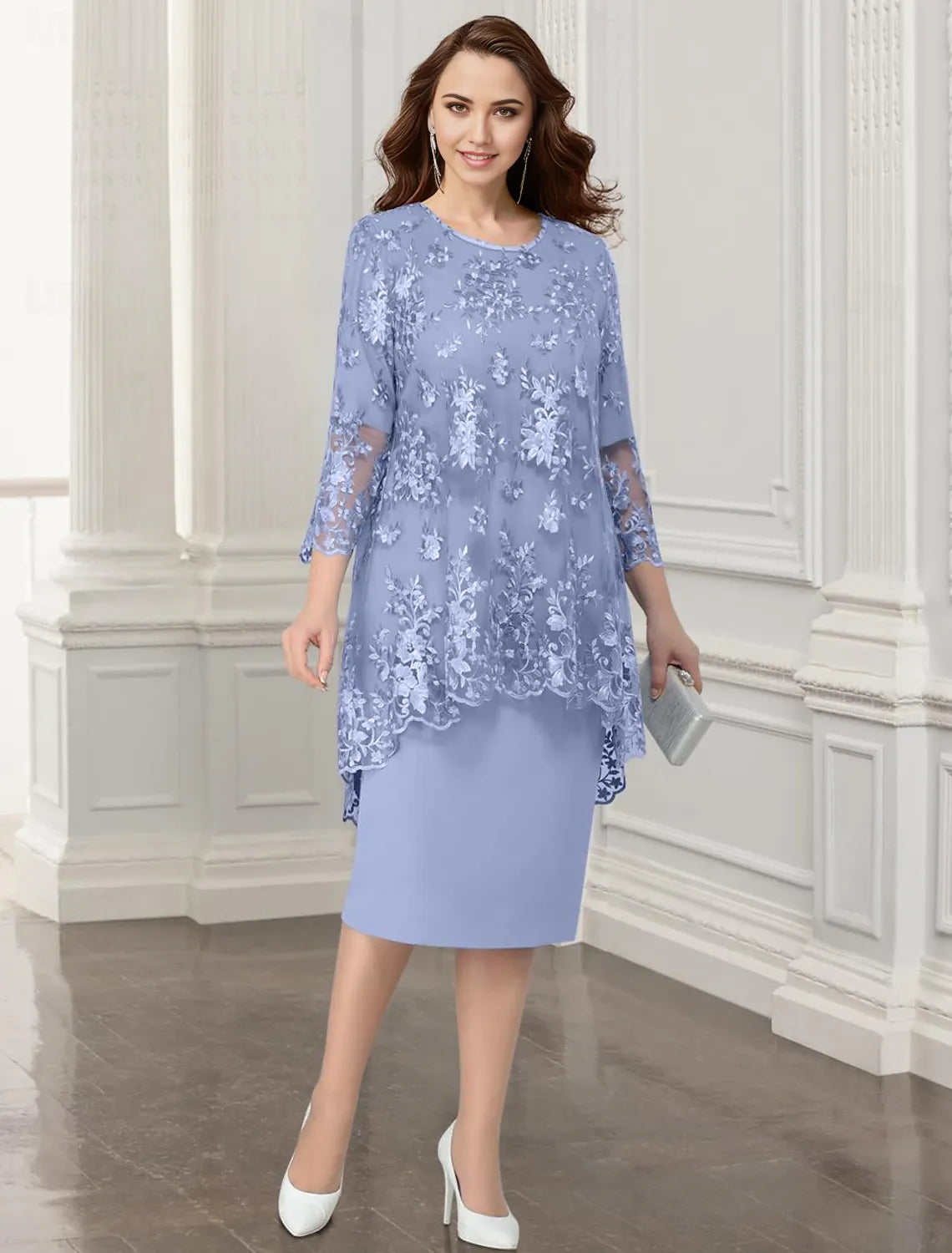 Two Piece Sheath / Column Mother of the Bride Dress Wedding Guest Elegant Jewel Neck Tea Length Chiffon Lace Sleeveless Jacket Dresses with Appliques