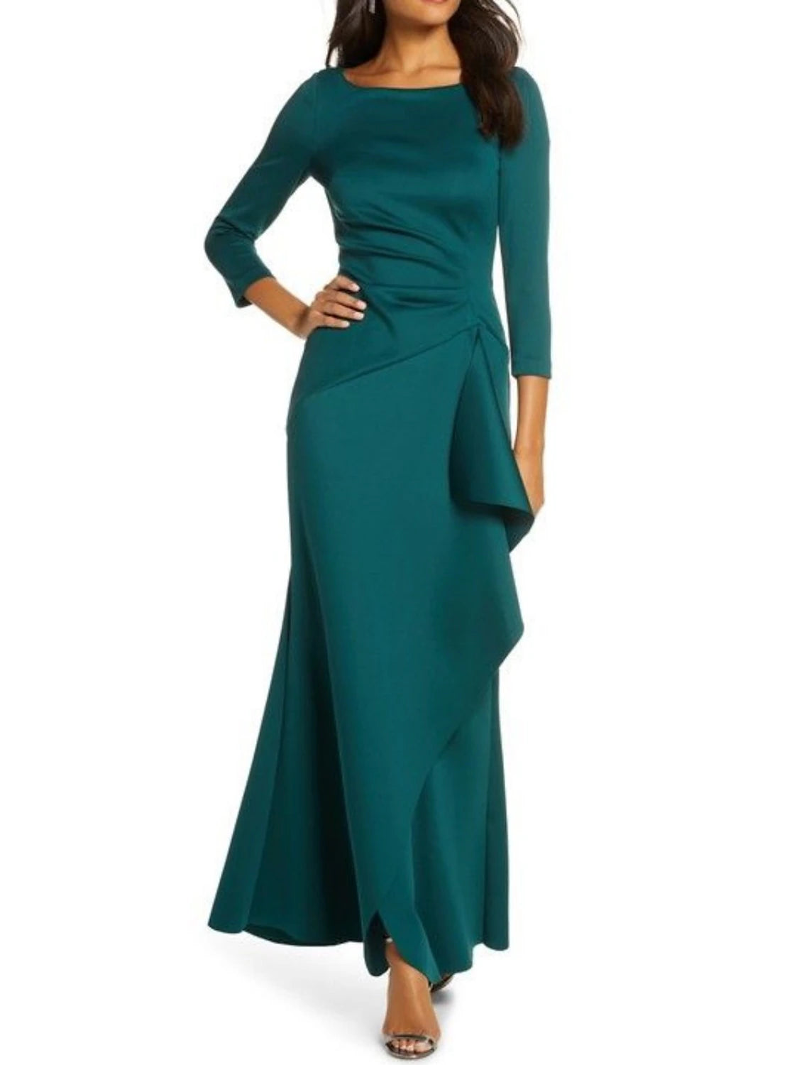 Sheath / Column Mother of the Bride Dress Wedding Guest Scoop Neck Ankle Length Satin Lace 3/4 Length Sleeve with Ruffles