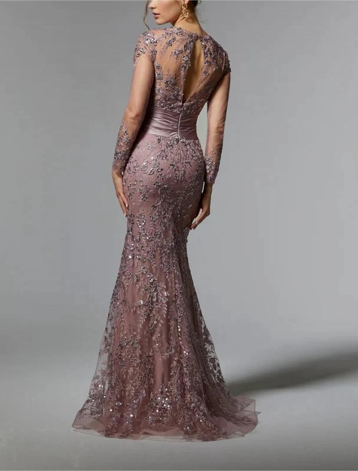 Mermaid / Trumpet Mother of the Bride Dress Wedding Guest Elegant Jewel Neck Satin Long Sleeve with Lace Sequin Ruching