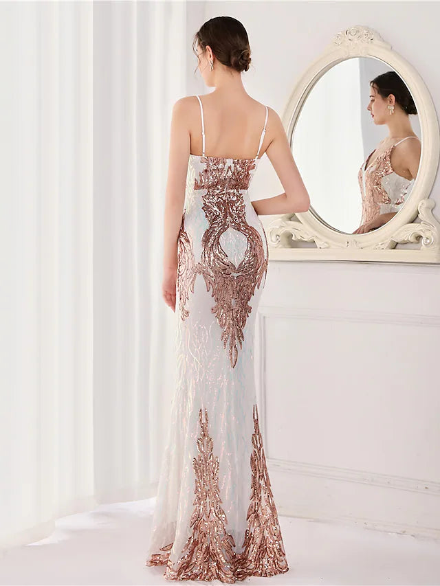 Mermaid / Trumpet Evening Gown Elegant Dress Wedding Guest Floor Length Sleeveless Spaghetti Strap Sequined V Back with Sequin