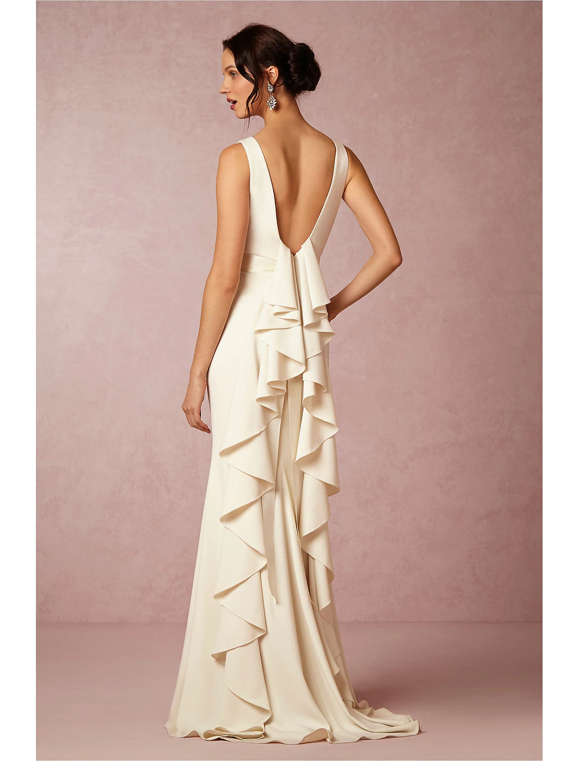 Hall Open Back Casual Wedding Dresses Sheath / Column Scoop Neck Sleeveless Sweep / Brush Train Stretch Fabric Bridal Gowns With Draping Summer Fall Wedding Party , Women's Clothing